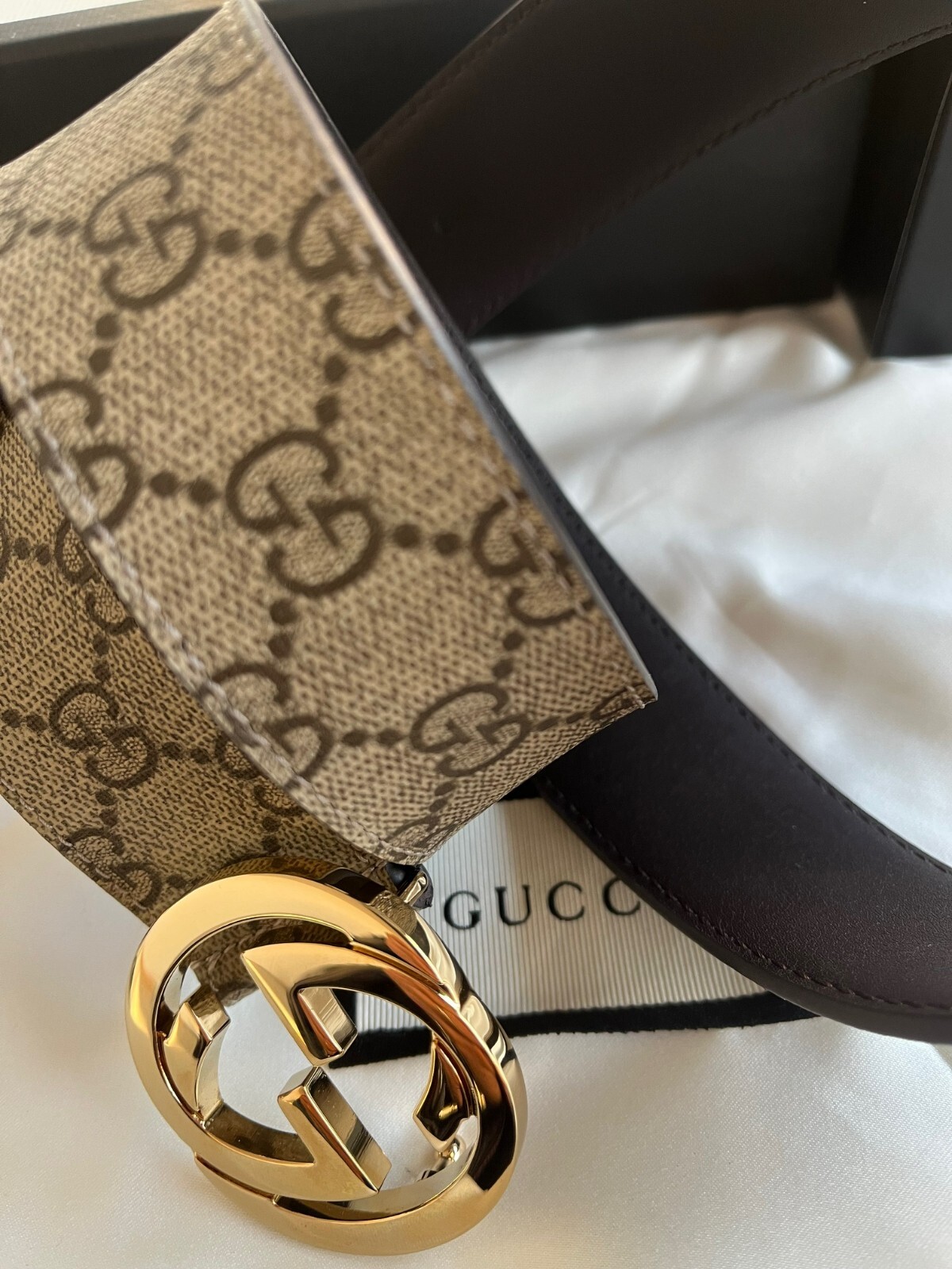 Gucci Gold Buckle GG Monogram Supreme Brown Leather Belt Size 85 cm Fit’s 28/30W