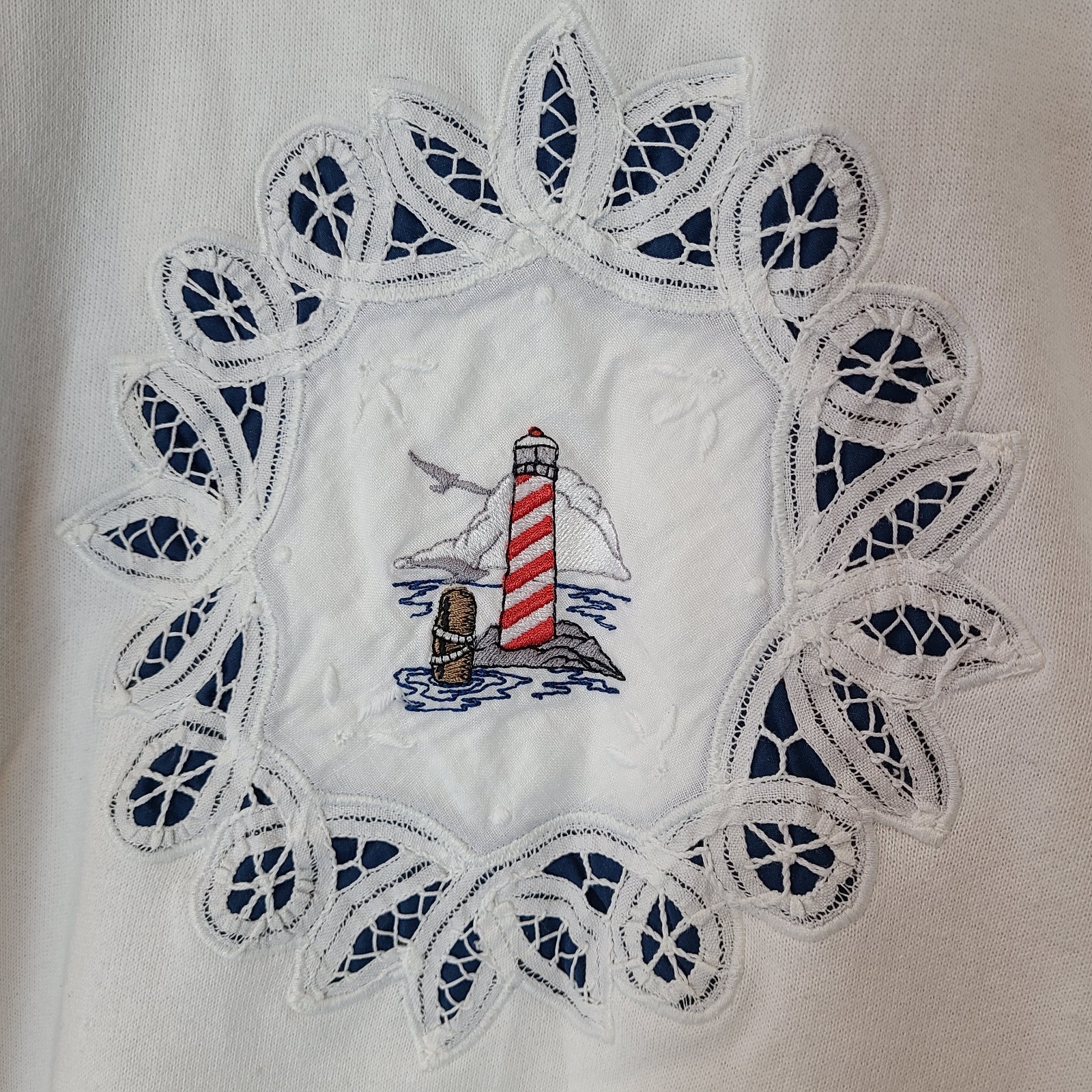 Vintage Lighthouse Coastal Sweatshirt White Nautical Womens Sz Large 90s Cottage