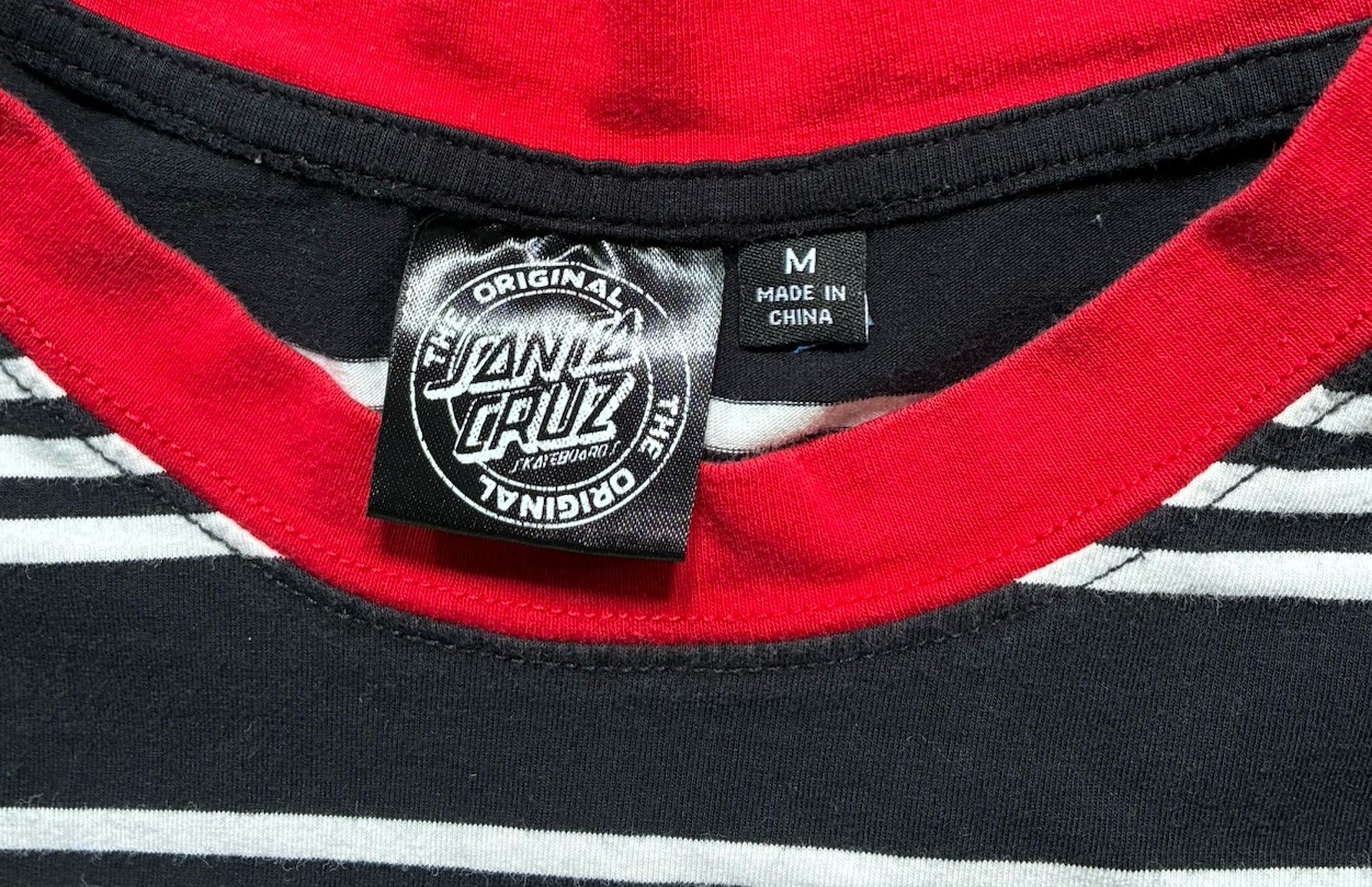 Santa Cruz Striped Ringer T-Shirt Black White Red Embroidered Dot Logo Medium