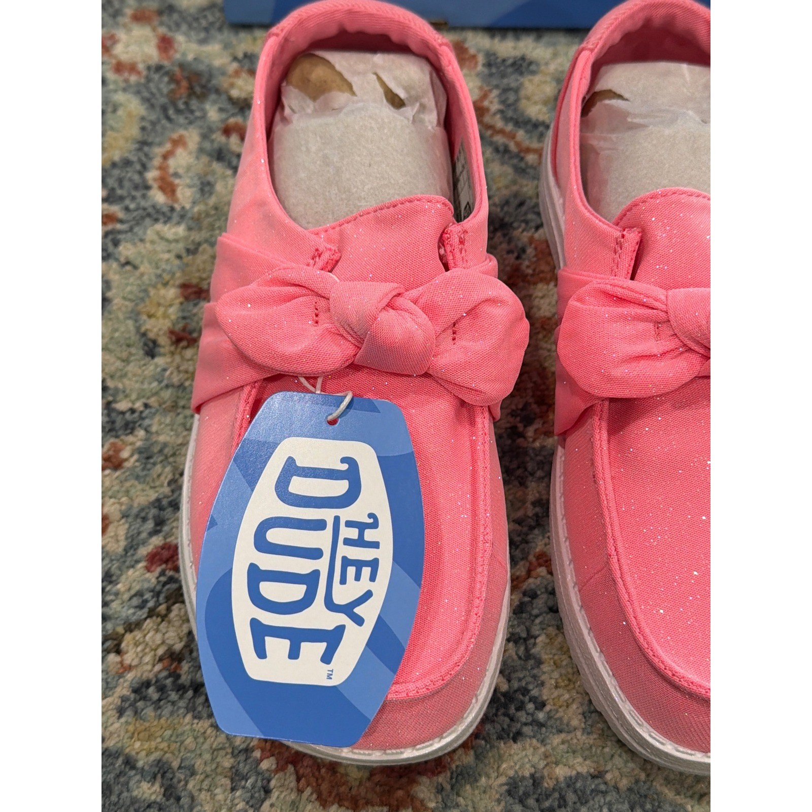 Hey Dude Wendy Bow Stardust Girls Size J5 Pink Glitter Slip On Moccasin NWT