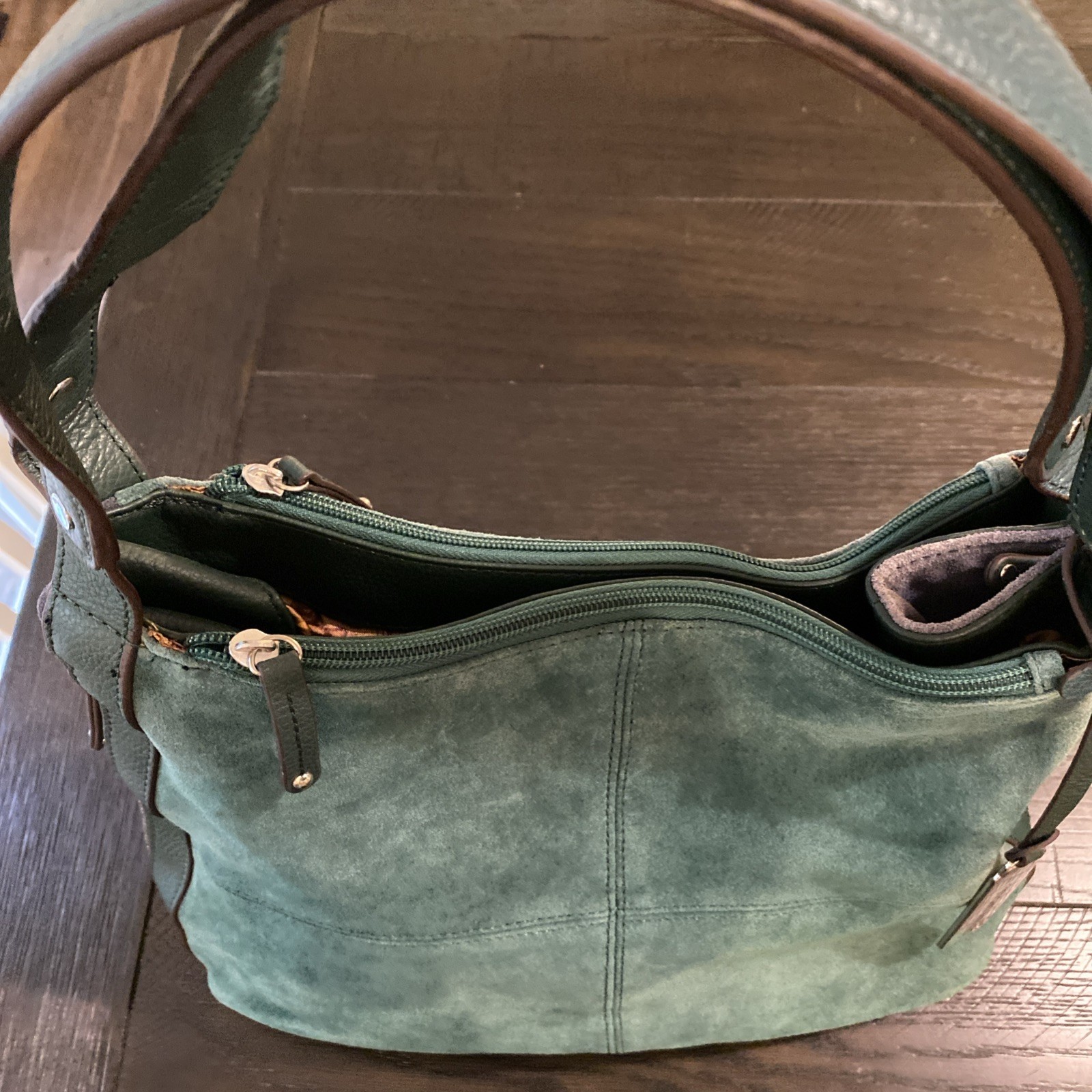 Tignanello Green Suede Leather Purse Shoulder Bag Zip Close Double Straps