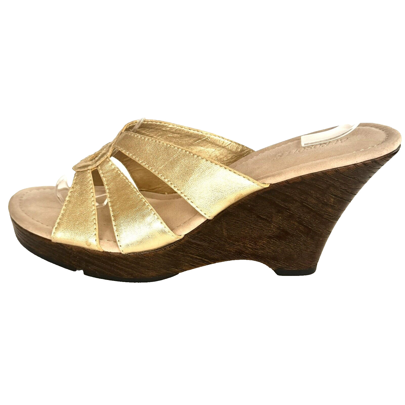 Gold Leather Aerosoles 9M Platform Wedge Comfort Sandals Slides NWOT
