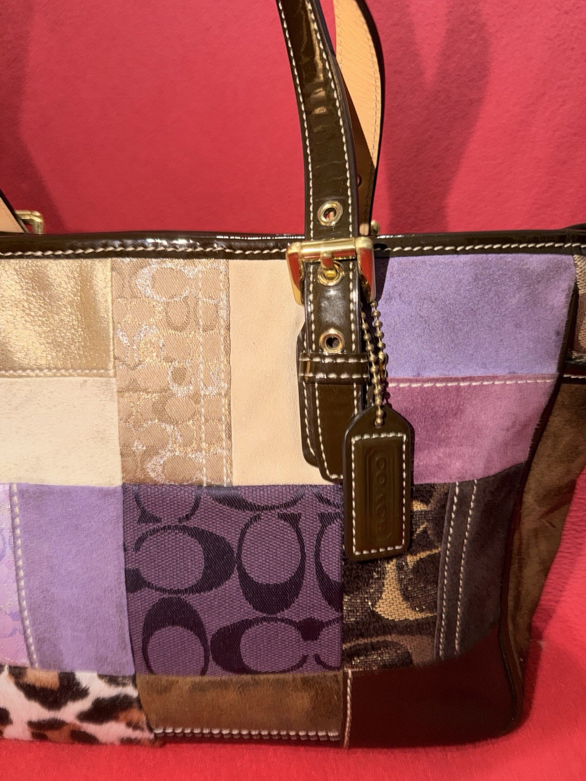 Coach Patchwork Signature Canvas Tote Bag Brown Purple Beige Zip Closure