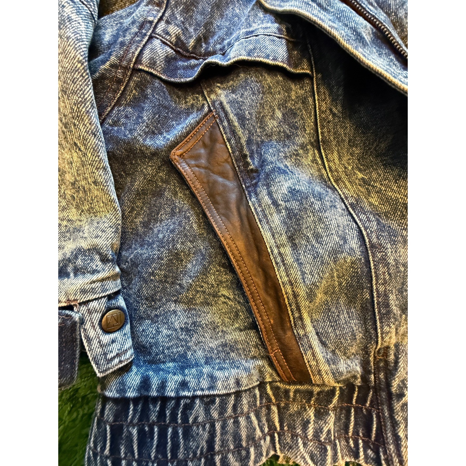 Andy Johns Denim Bomber Jacket Mens M Blue Excellent Acid Wash Leather Trim 80s