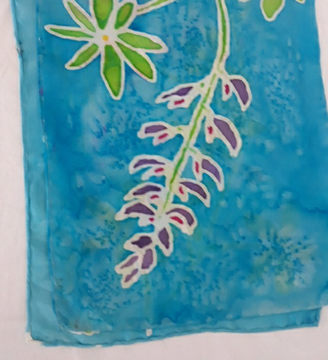 Hand Painted Batik Long Silk Scarf Turquoise Blue Floral 8×54 Rolled Hem