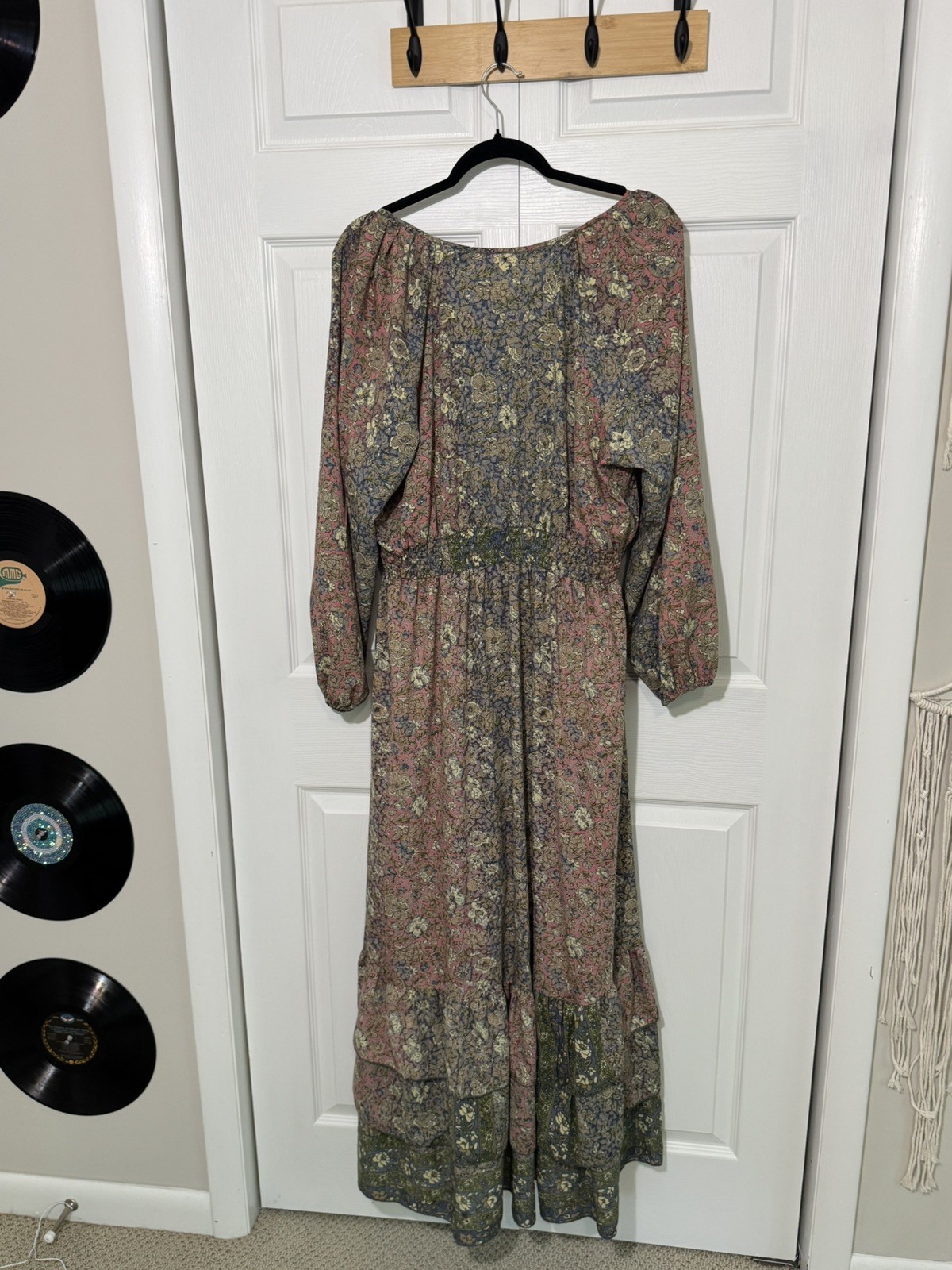 Anthropologie Boemo Maxi Dress Size 1X Pink Green Smocked Tiered