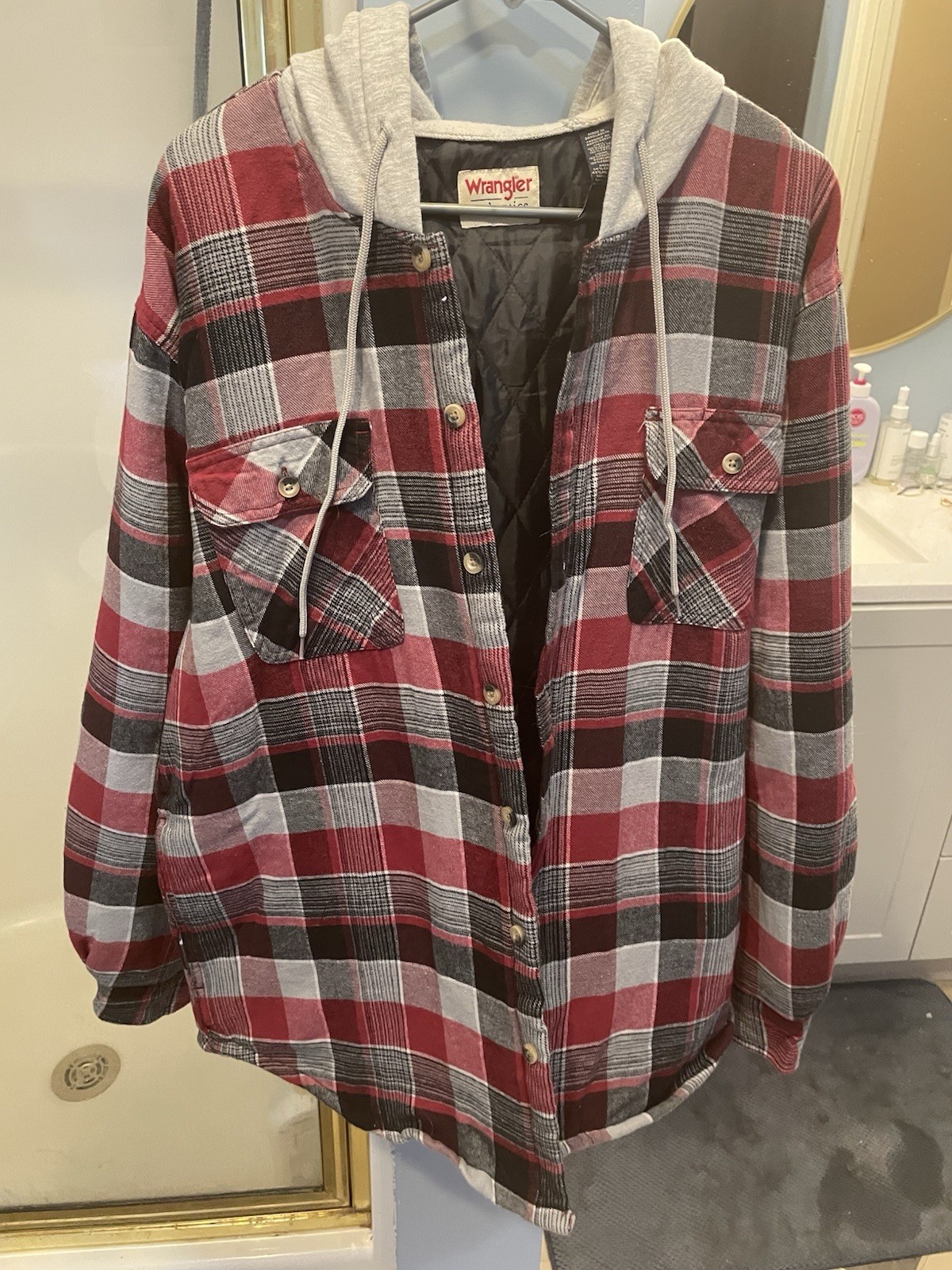 Wrangler Men’s Plaid Hooded Quilted Lined Button Jacket Pockets Red XL