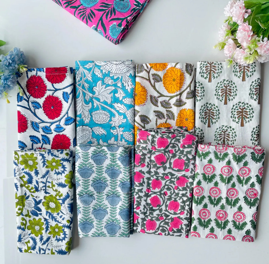 Assorted Hand Block Floral Print Napkins 100 % Cotton Dinner Table Cloth Napkins