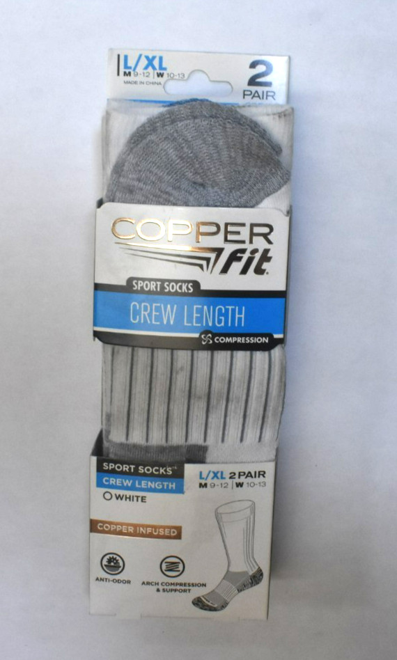 Copper Fit Infused Sport Crew Socks 2 Pair L/XL White Size M 9-12 W 10-13 READ