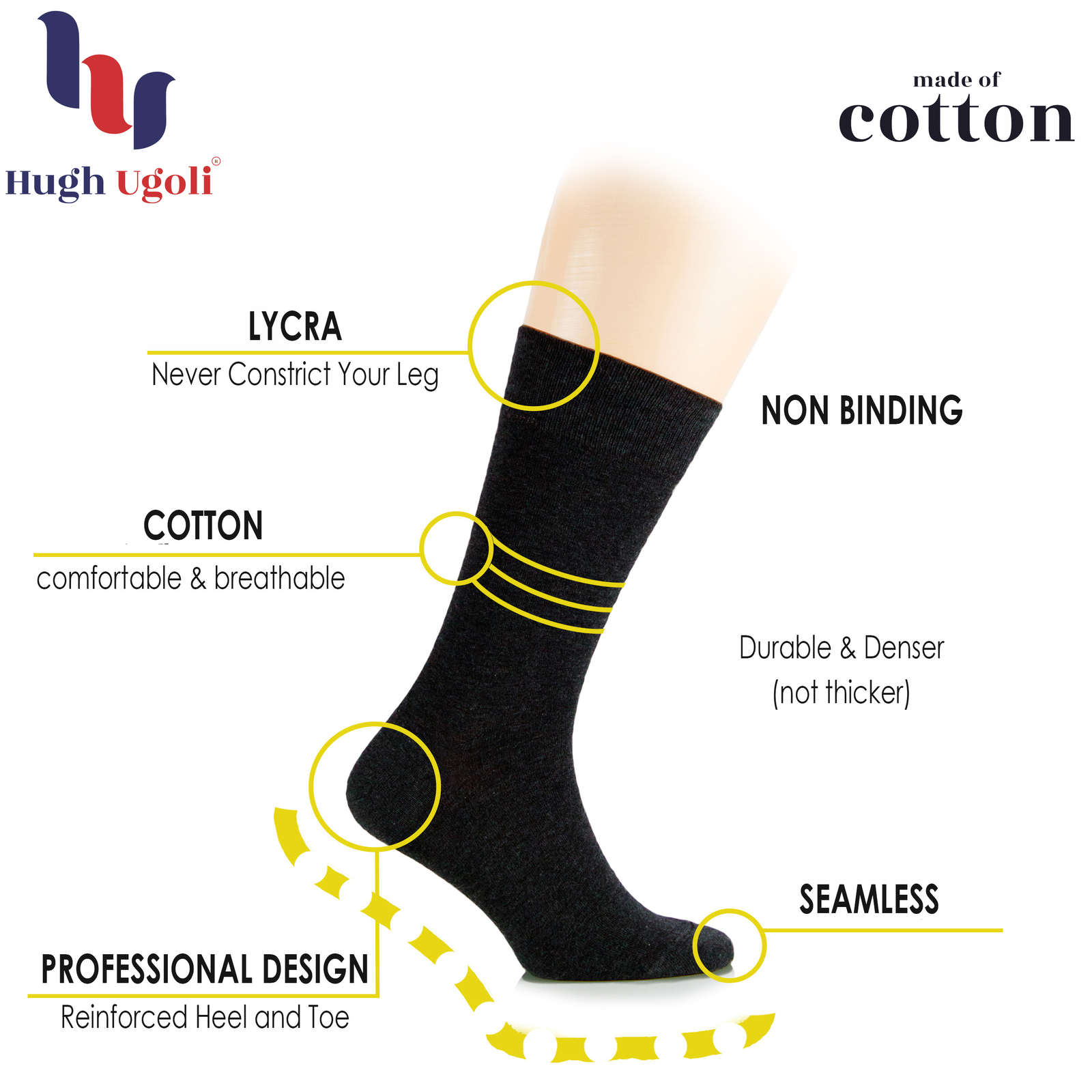 Hugh Ugoli “200 Thread Count” Women’s Dress Socks Cotton Seamless Toe, 4 Pairs