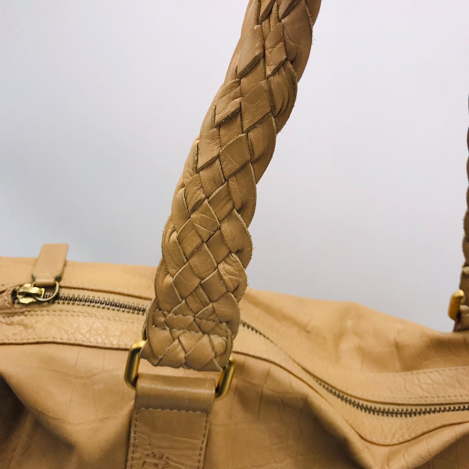Falor Tan Leather Tote Bag Made In Italy with Woven Handles Embossed Snakeskin