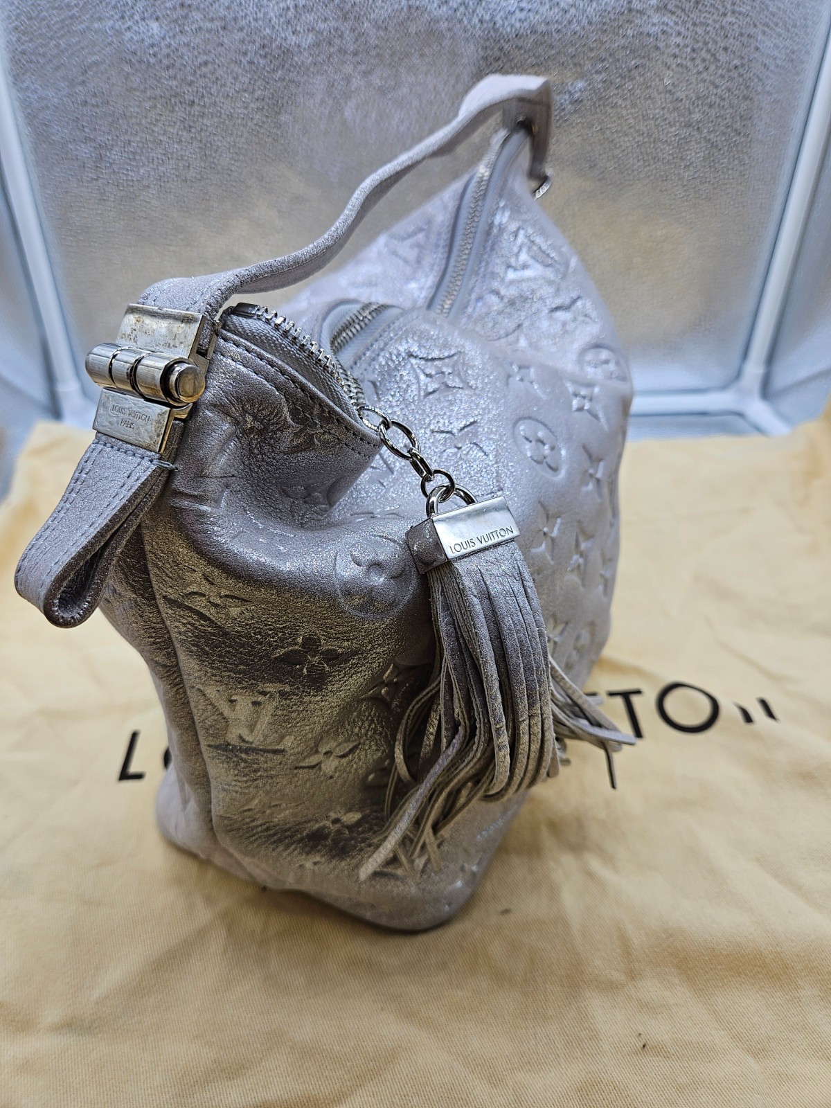 LOUIS VUITTON Silver Monogram Shimmer Leather Halo Bag