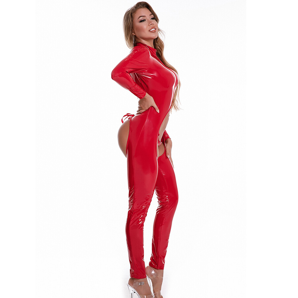 Womens PVC Leather Shiny Wet Look Jumpsuit Crotchless Bodysuit Catsuit w/ T-back