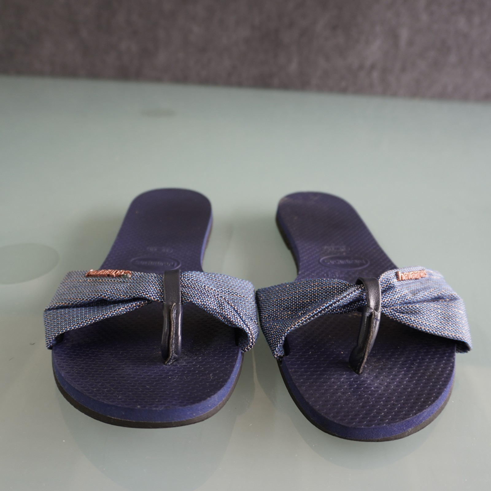 Havaianas You St Tropez Shine Sandals Womens 9 10 Navy Blue Fabric Bow Flip Flop