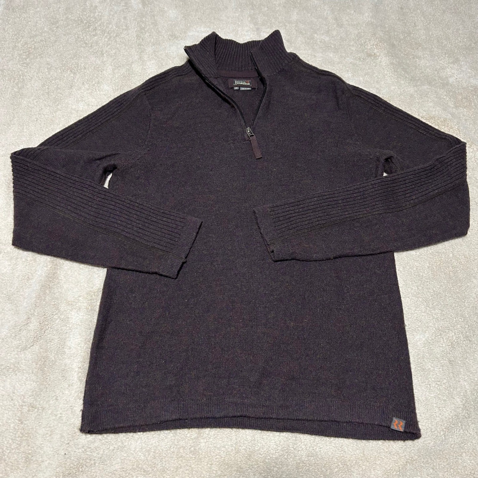 Royal Robbins Sweater Mens M Brown Purple Wool Blend Quarter Zip Ribbed Pullover