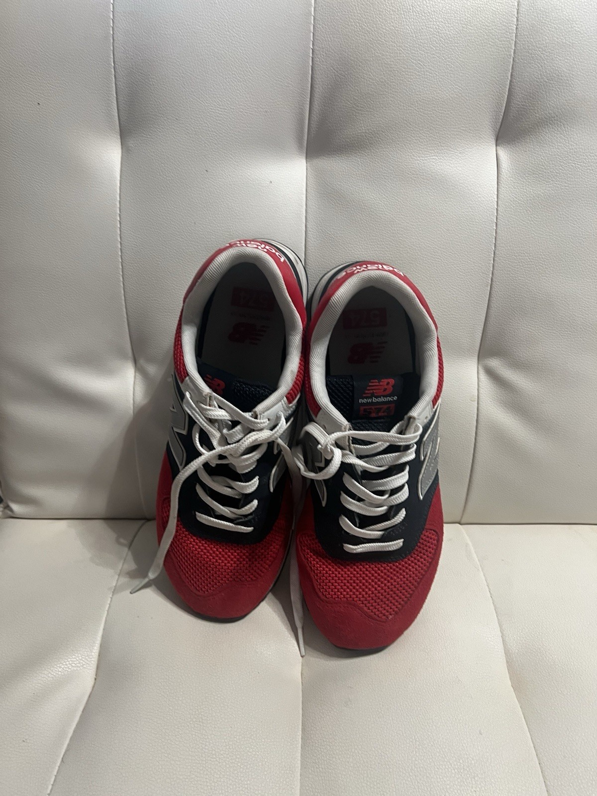 New Balance 574 Men’s Low Top Lace-Up Sneakers Faux Leather Red Gray