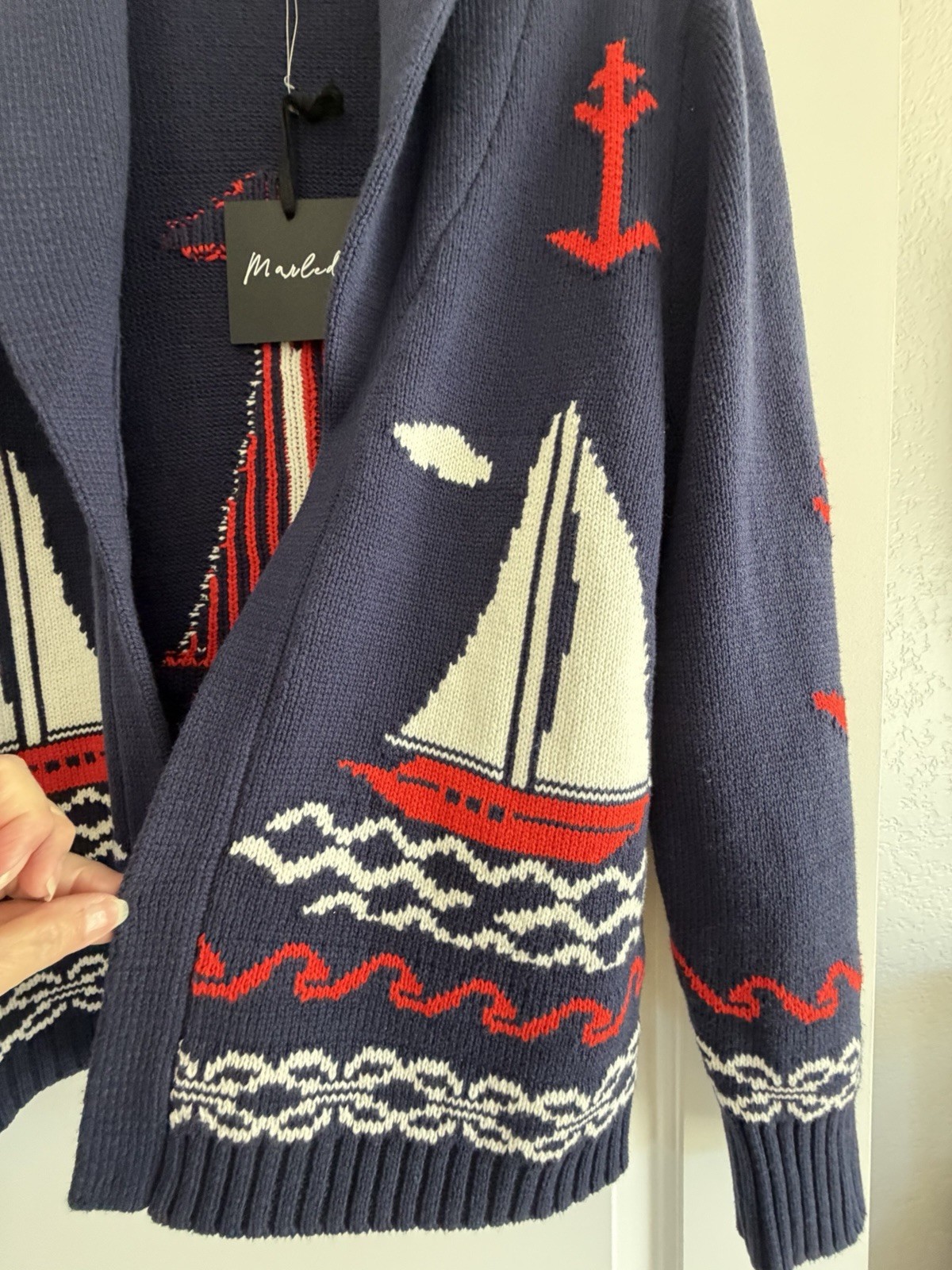 Marled Nautical Navy Knit Cardigan Sweater Shawl Collar Long Sleeve Size M