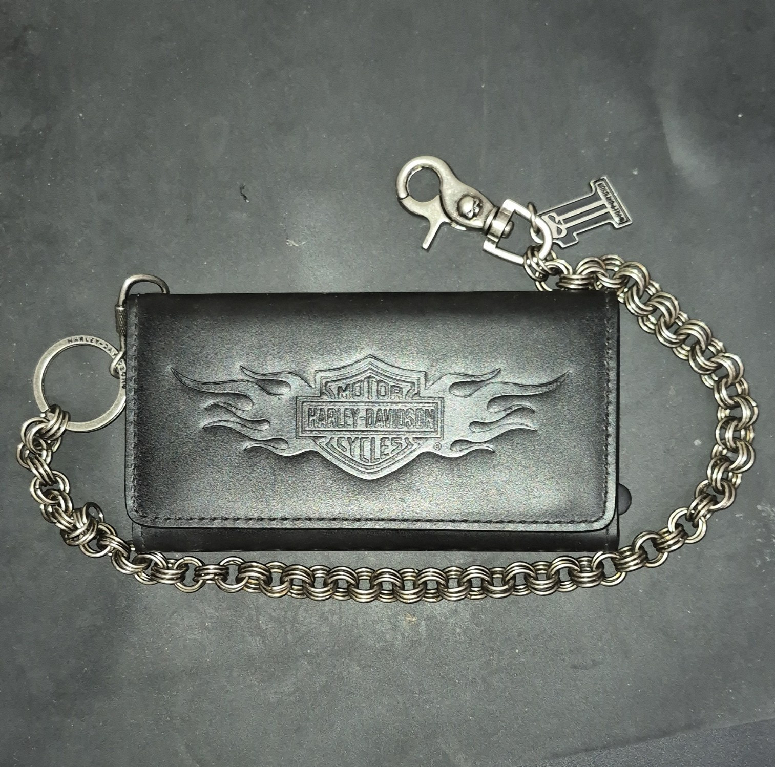 harley-davidson mens black silver chain wallet key ring credit card logo