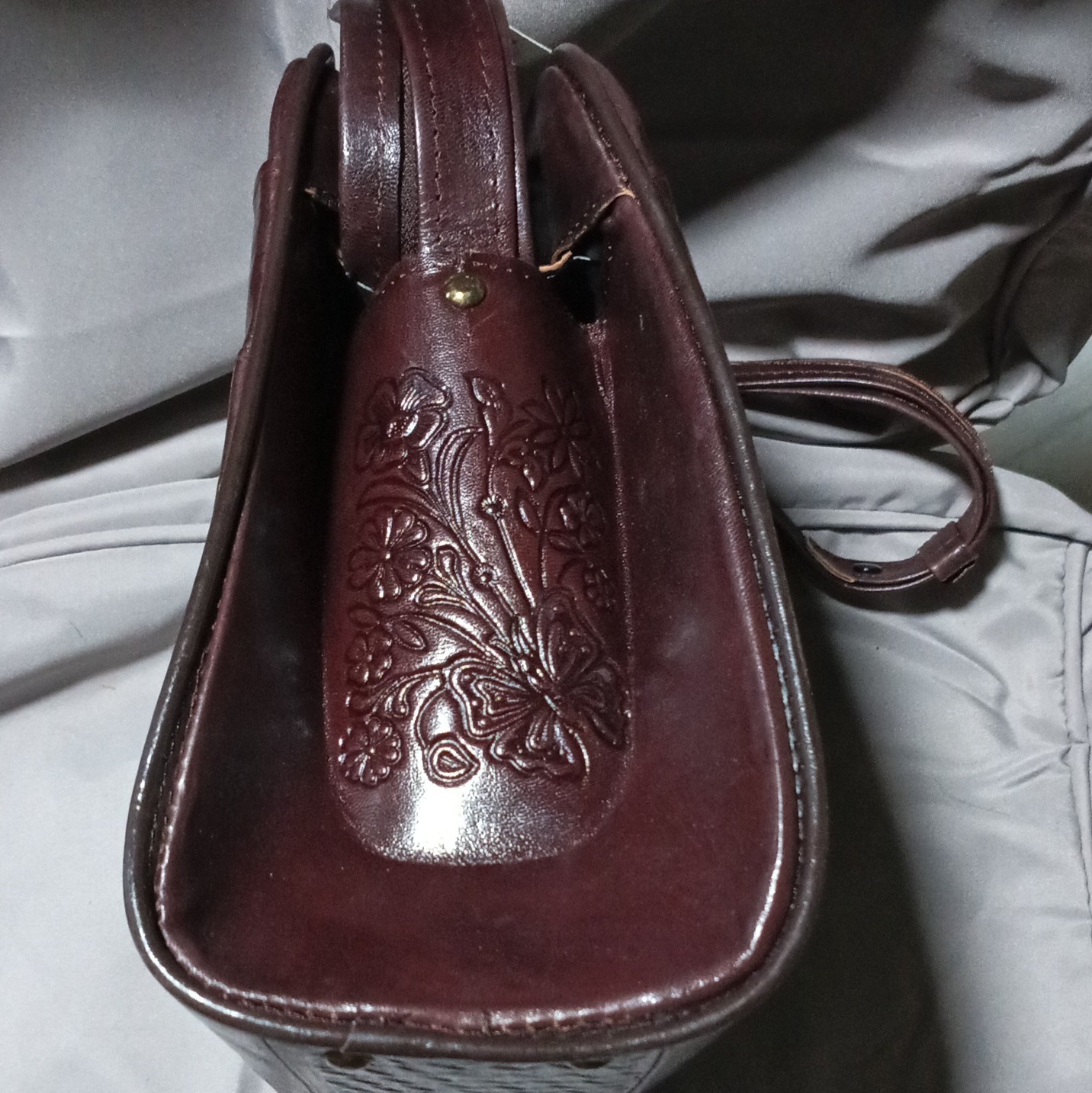 Brown Tooled Embossed Floral Shoulder Bag Zip Top Multi-Compartment Studs