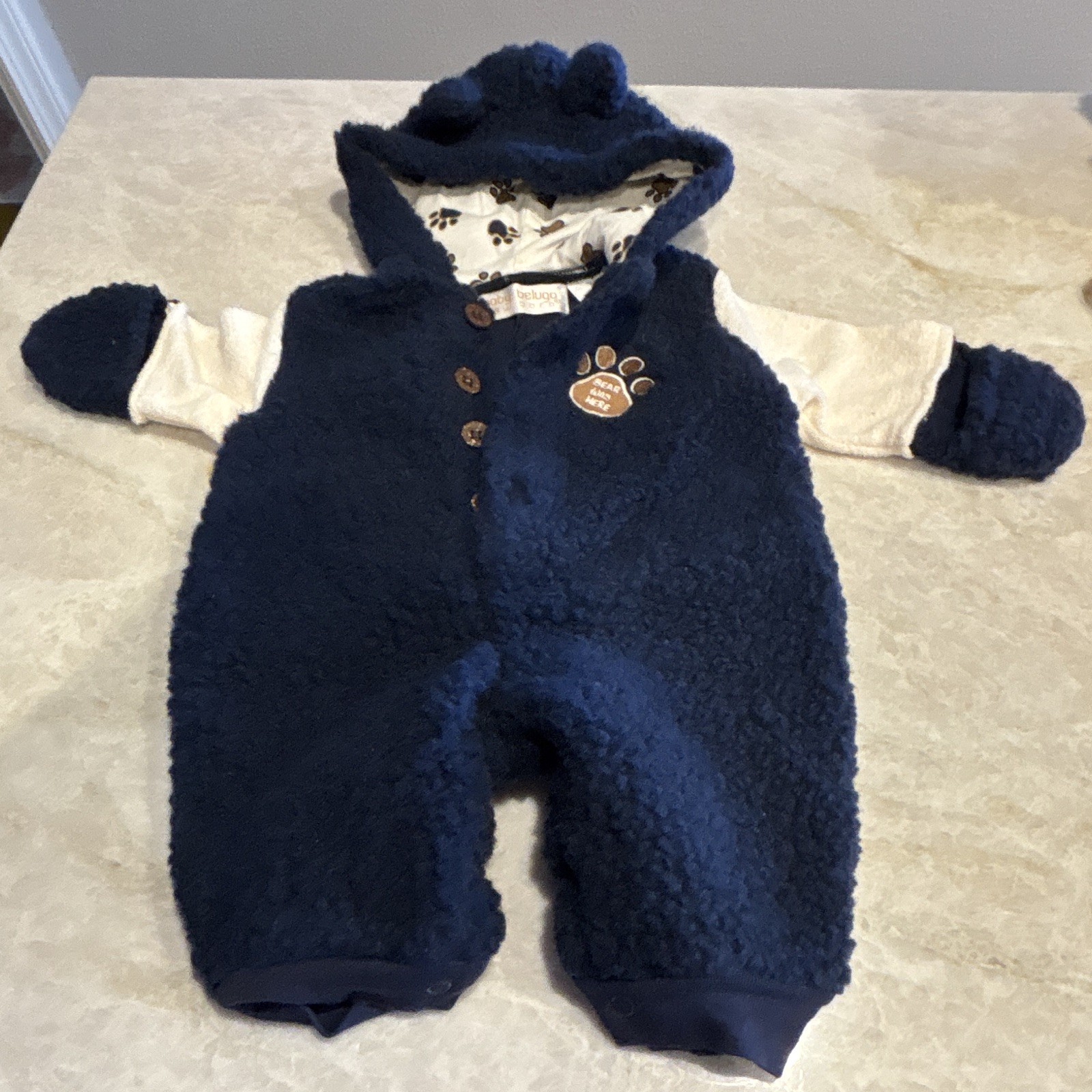 Baby Beluga New Born 0-3M Blue Fleece Hooded Bear Paw Print Button Coverall