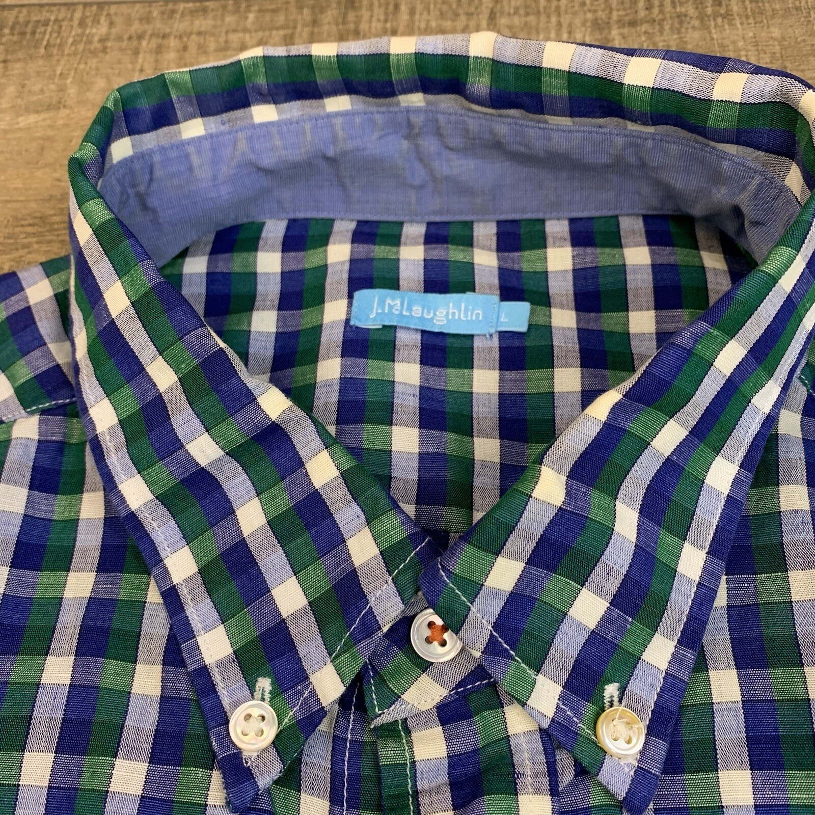 J McLaughlin Mens Long Sleeve Button Up Shirt Size Large 52% Linen Check B16