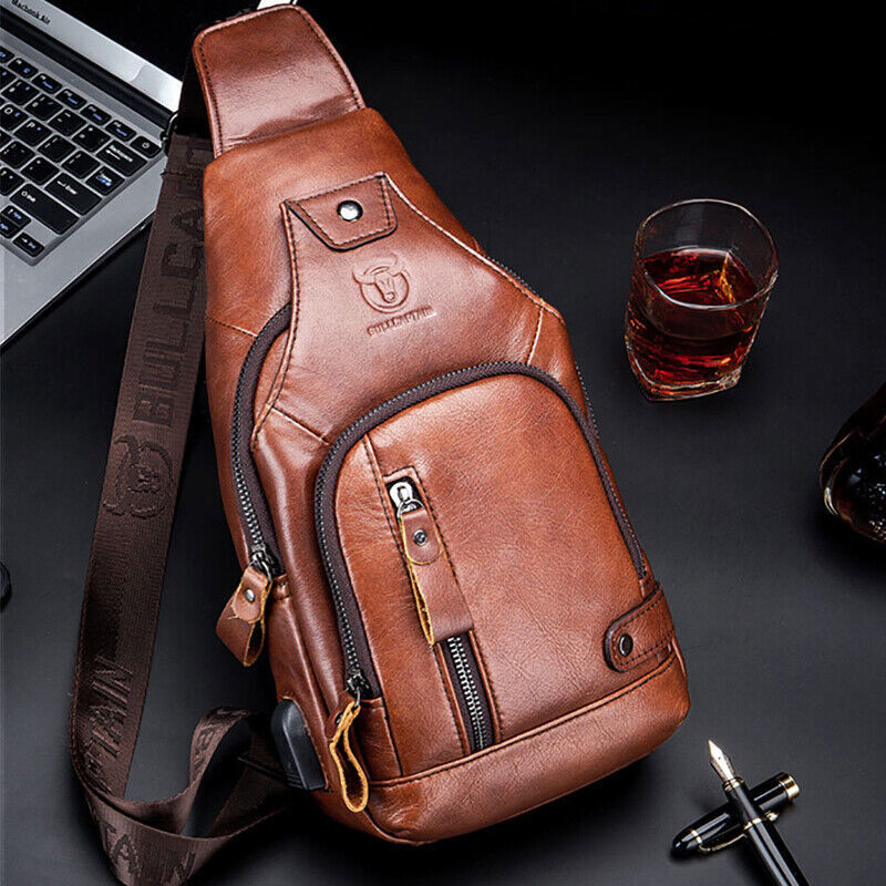 Men’s Sling Backpack Genuine Leather Chest bag Crossbody Bag Shoulder Bag New Z
