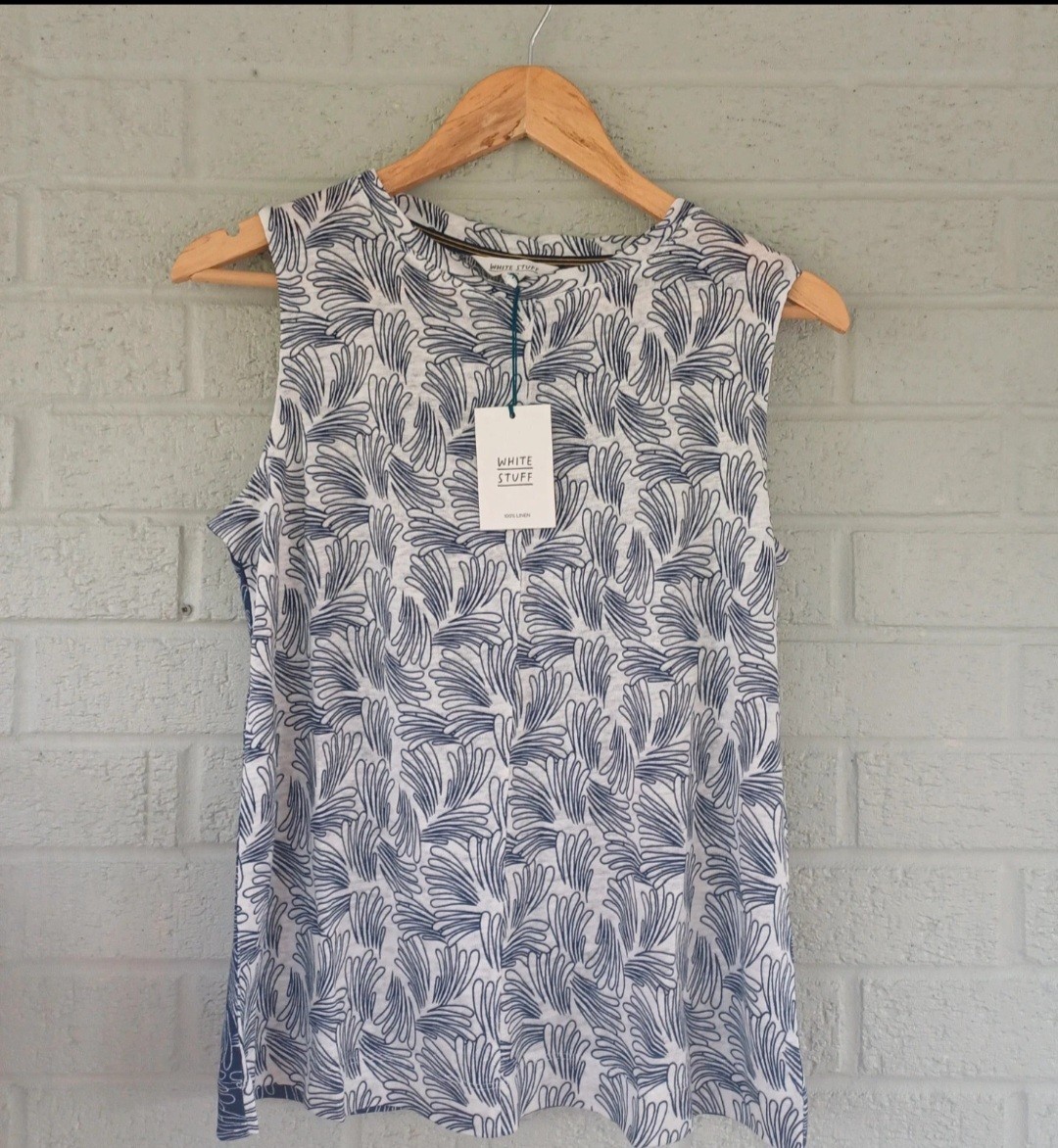 White Stuff Ladies Rylee Navy Print 100% Linen Vest Top Size 12