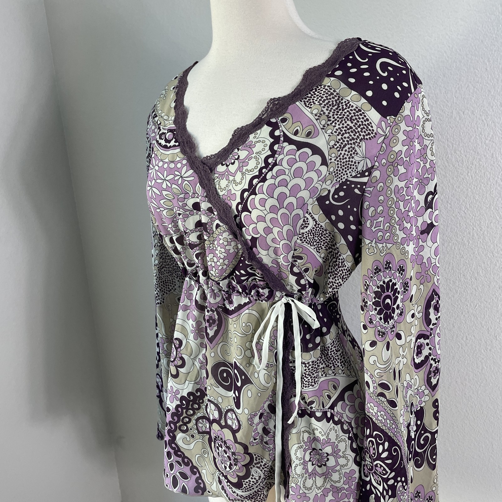 Y2K Apt 9 Blouse Womens XL Purple Beige Floral Paisley Babydoll Long Sleeve Top