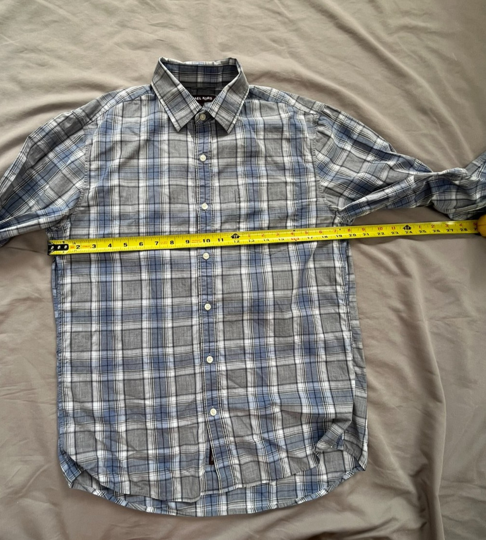 Michael Kors Men’s Blue Plaid Slim Fit Long Sleeved Button Up Shirt- Size M