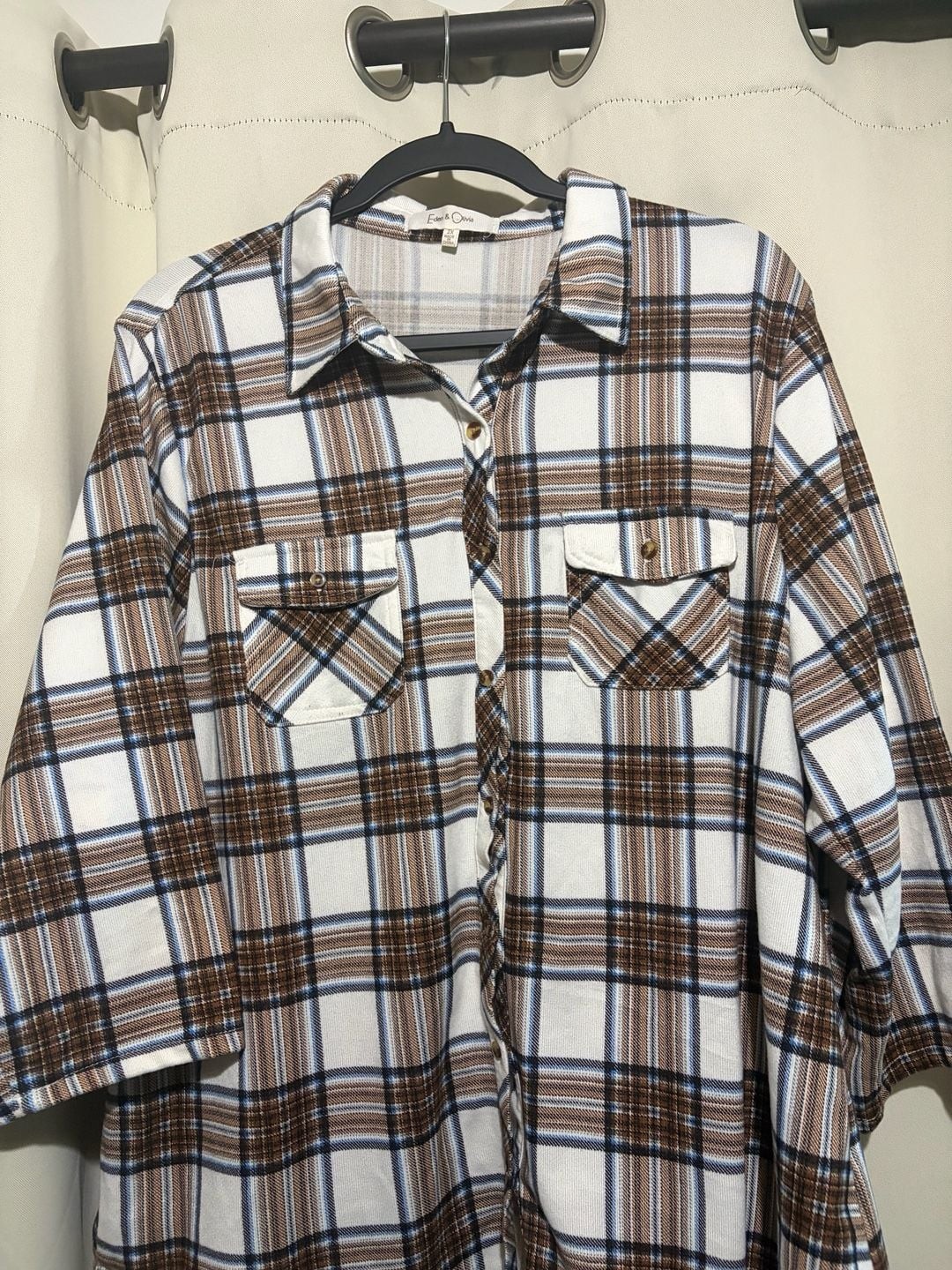 Eden & Olivia Women’s Plaid Button-Down Long Sleeve Shirt, Brown and White, 2x