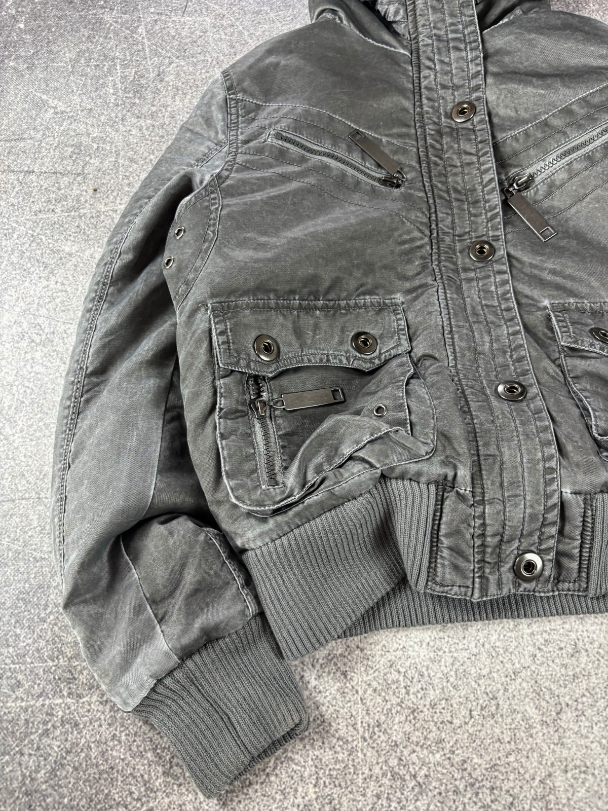 2000s Cropped Archive Washed Fur Hood Zip Bomber Jacket Y2K Streetwear CRAZY!