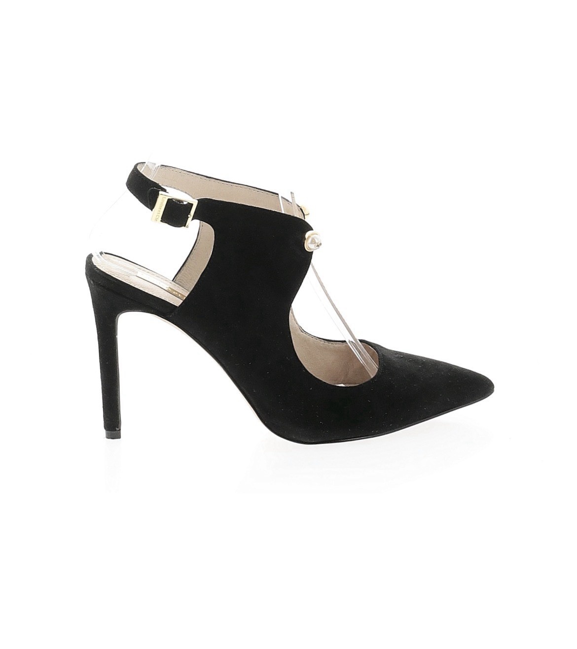 Louise et Cie Black Suede Leather Pointed-Toe Slingback Heels with Pearl, 8.5/39
