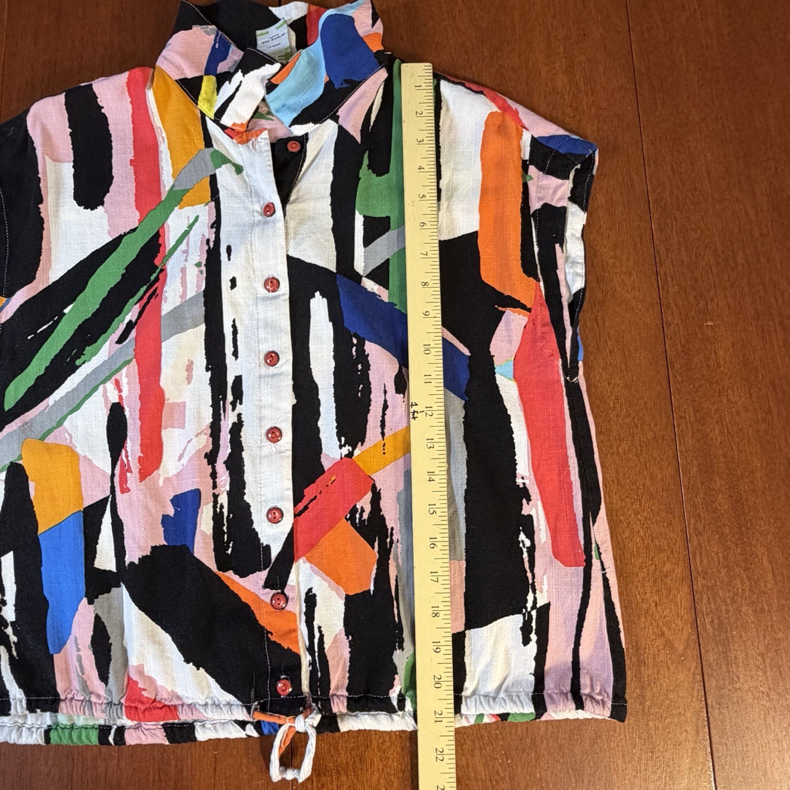 Pure Essence Abstract Geometric Button Art Blouse Top Medium Multicolor 80s