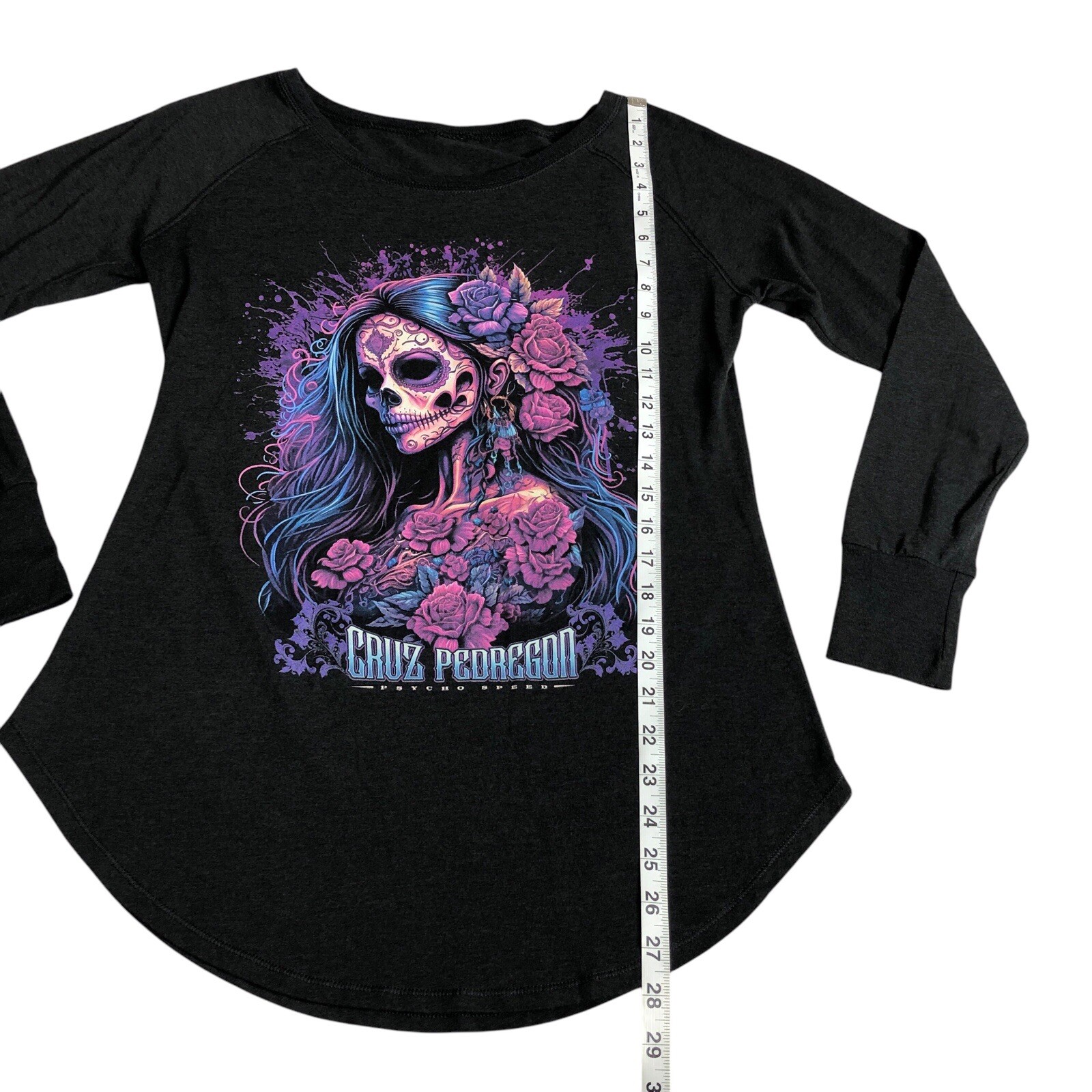 Cruz Pedregon Top Womens S/M Charcoal Gray Sugar Skull Psycho Speed Racing Moto