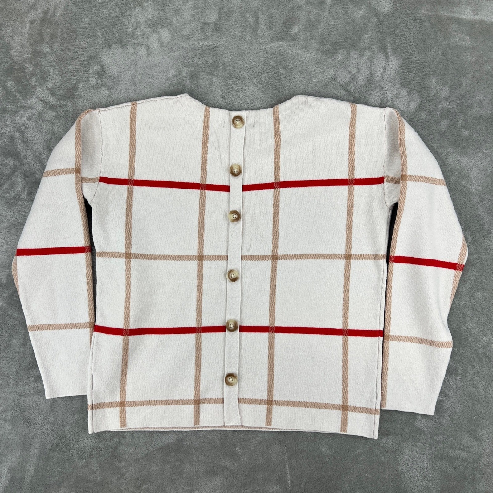 Tahari Women White Windowpane Plaid Button Back Knit Sweater Red Tan Small