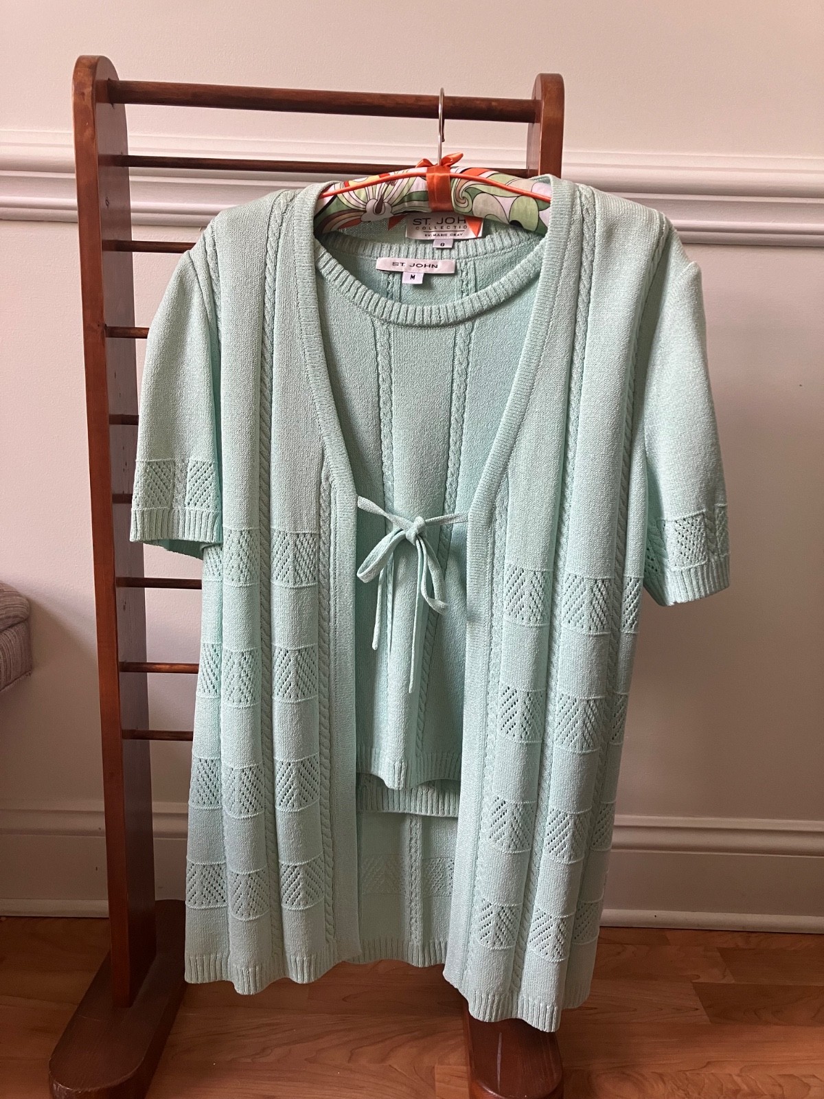 St John Knit Collection Set Light Mint Open Stitch Tie Front jacket and Shell