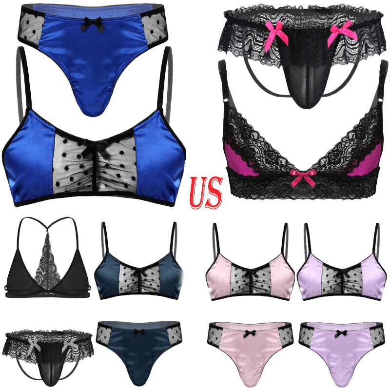 US Men Sissy Stain Lingerie Set 2 Pieces Lace Trim Cami Bra Top with Micro Thong