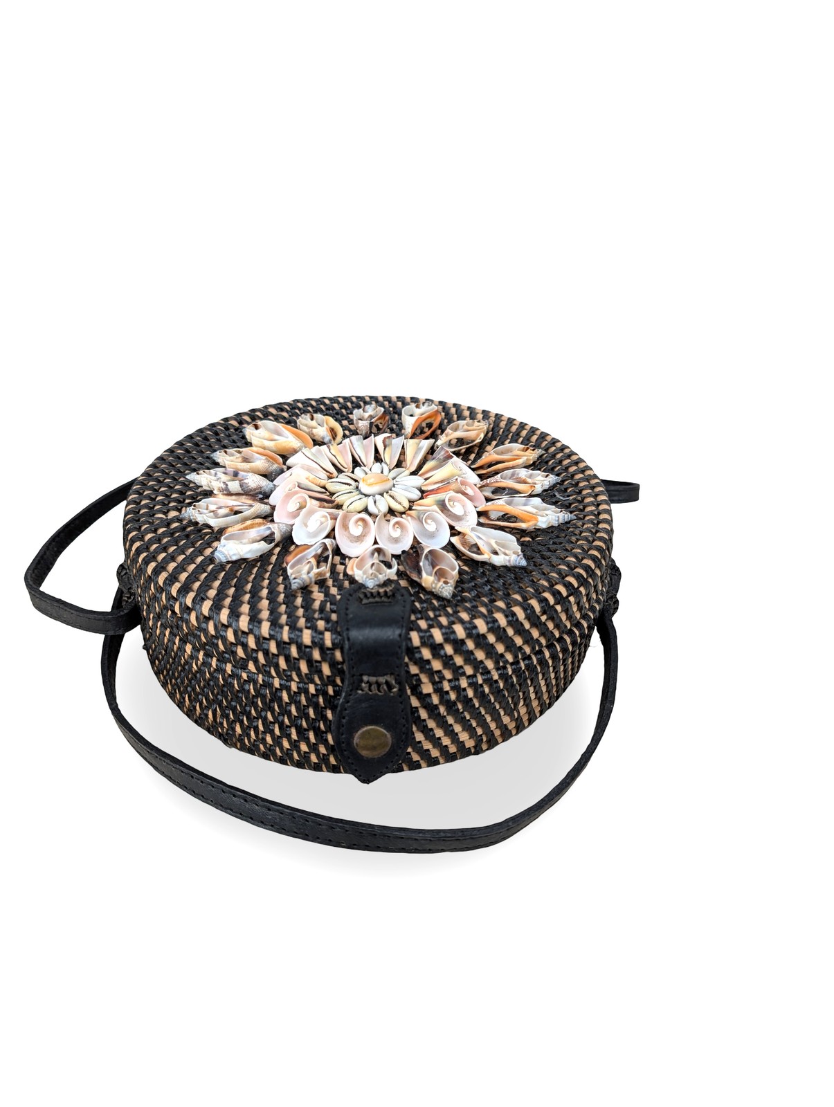 Black Shell Boho Bag, Shell Floral Rattan Bag, Dart Rattan Handbag