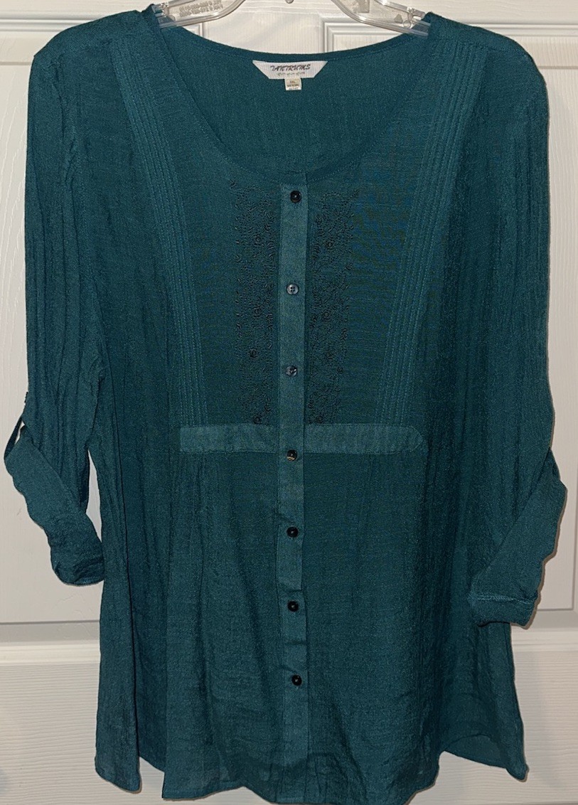 Tantrums Emerald Teal Button Accent Tunic Round Neck 3/4 Roll Tab Sleeve 2X
