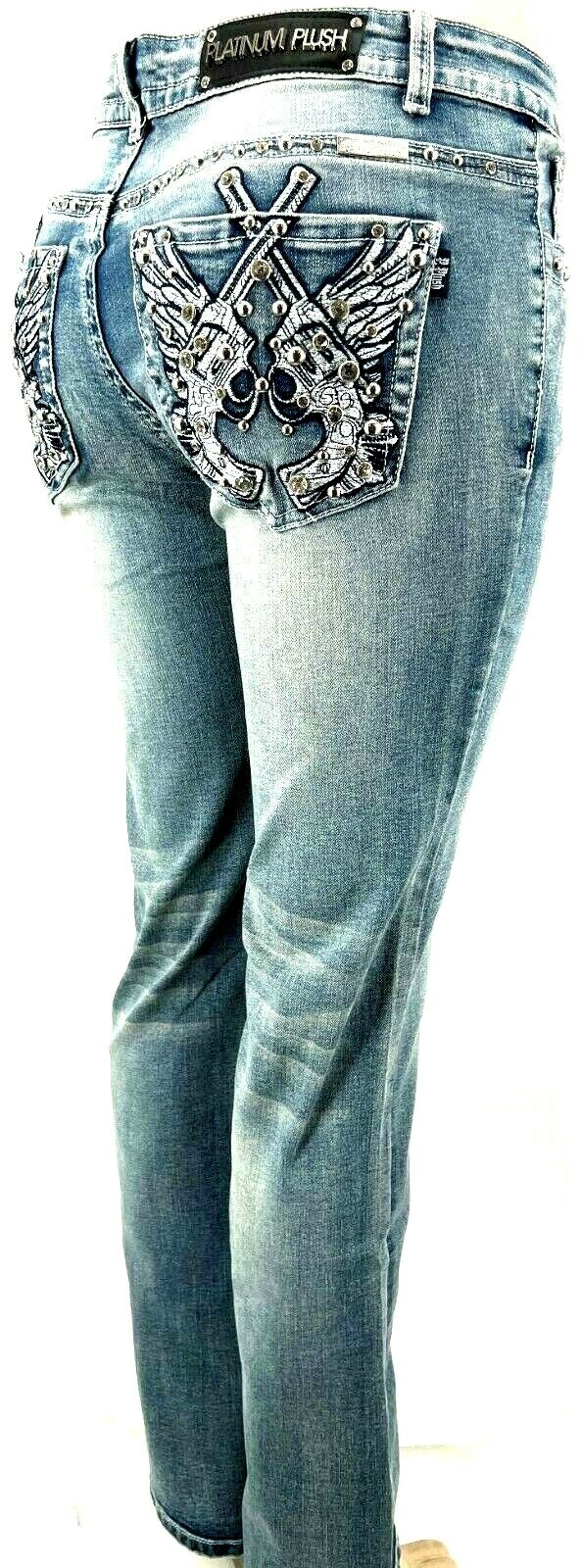 Platinum Plush Ladies Rhinestone Blue Denim Cross Pistols Jeans #4045 Size 5