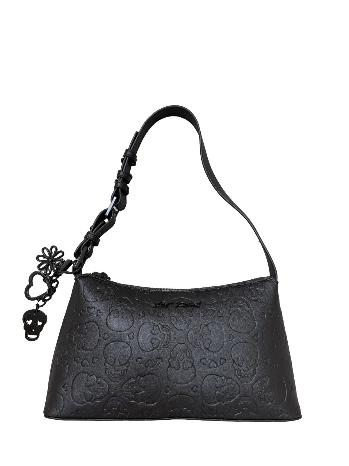 Betsey Johnson XO Marine Allover Skull Embossed Black Faux Leather Shoulder Bag