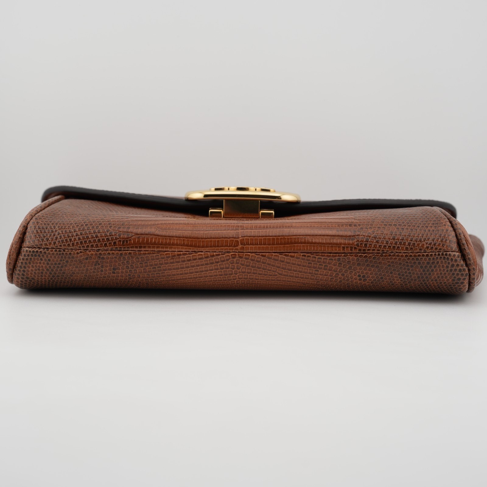 Celine Shiny Lizard Leather Maillon Triomphe Clutch Brown