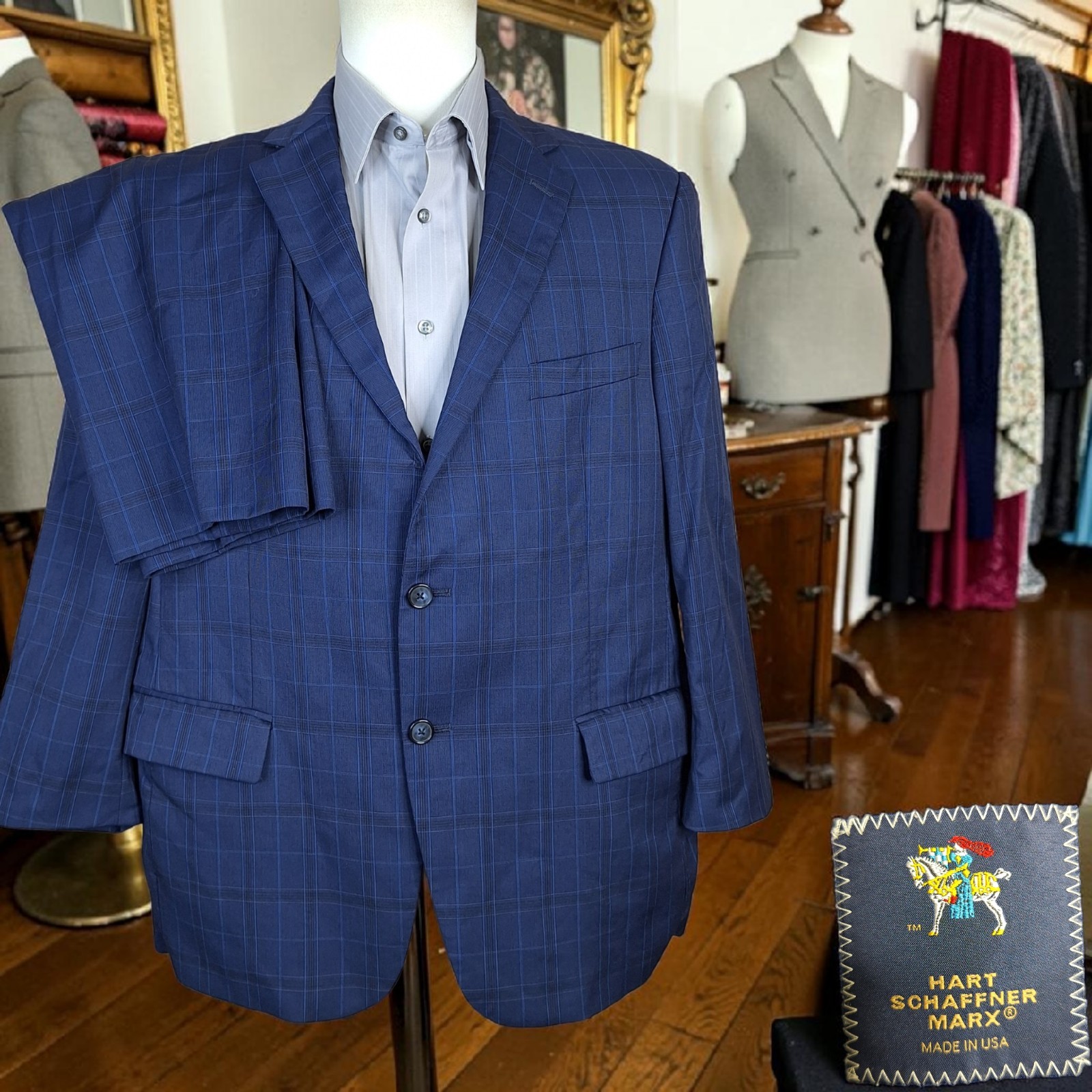 Hart Schaffner Marx Suit 2 Piece Mens 46S Trousers 40X27 Blue Plaid DV Wool