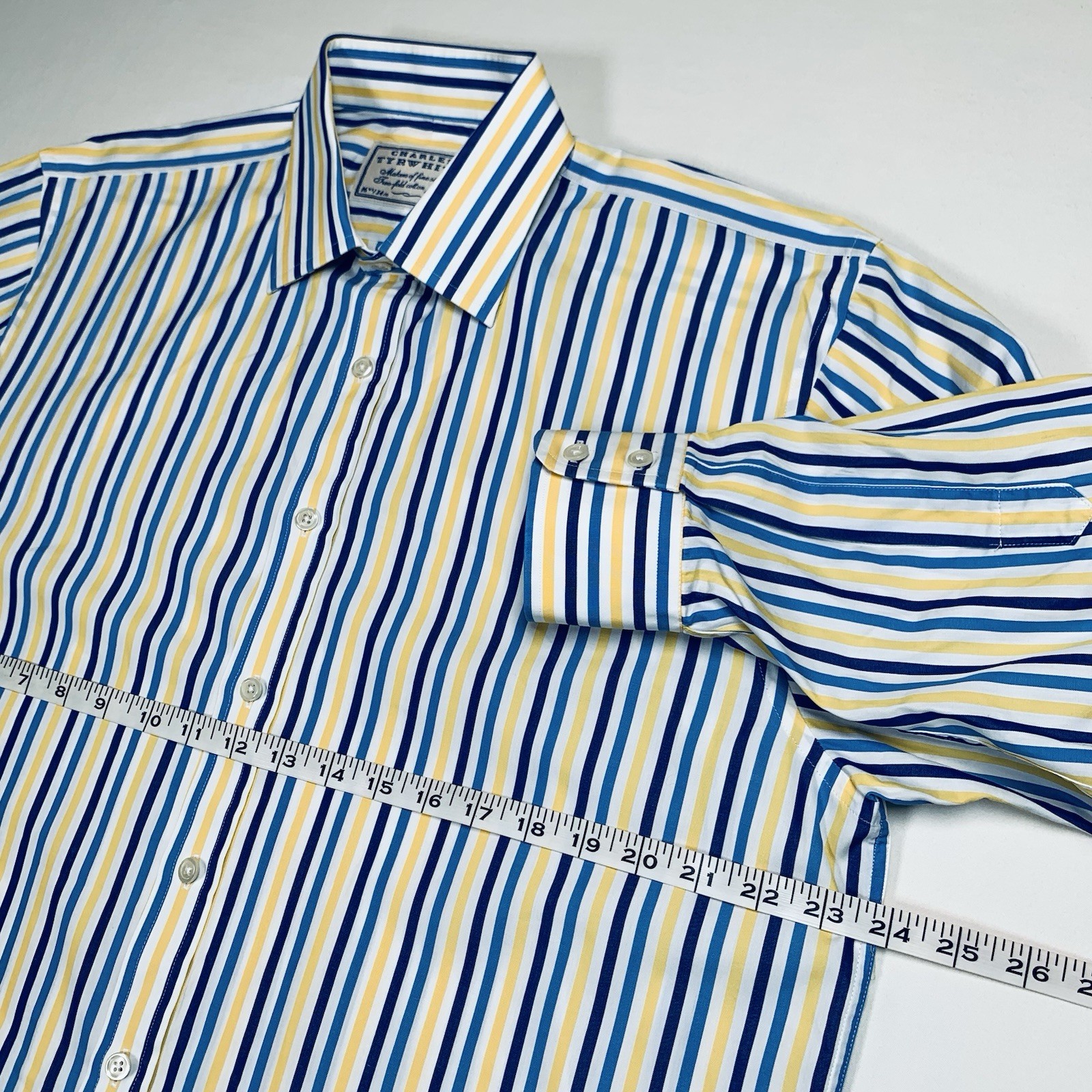 Charles Tyrwhitt Shirt Men 16.5 34 Blue Yellow Striped Poplin LS Dress Button Up