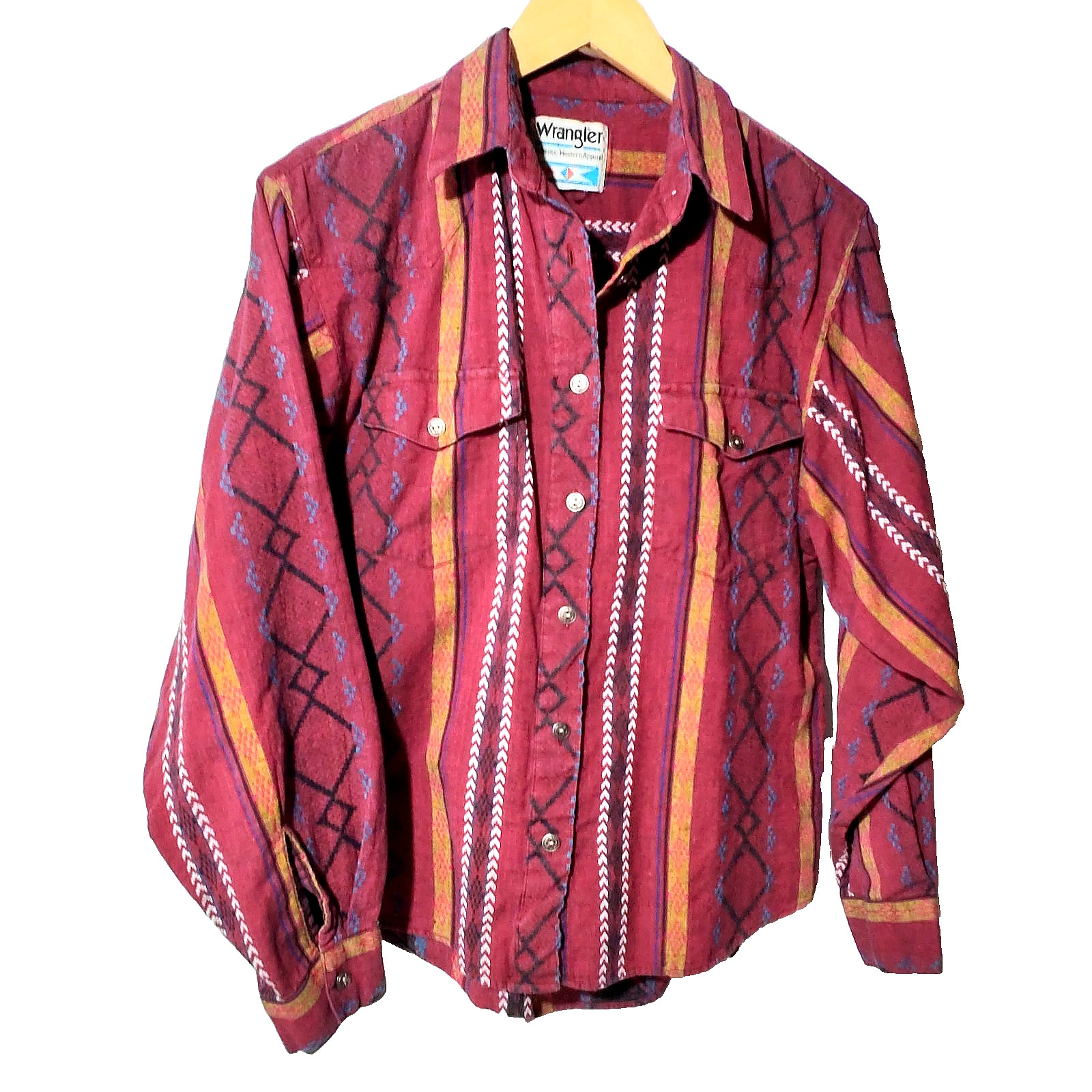 VTG Womens Wrangler Metal Button Up Cotton Shirt Colorful Aztec Cowgirl Western