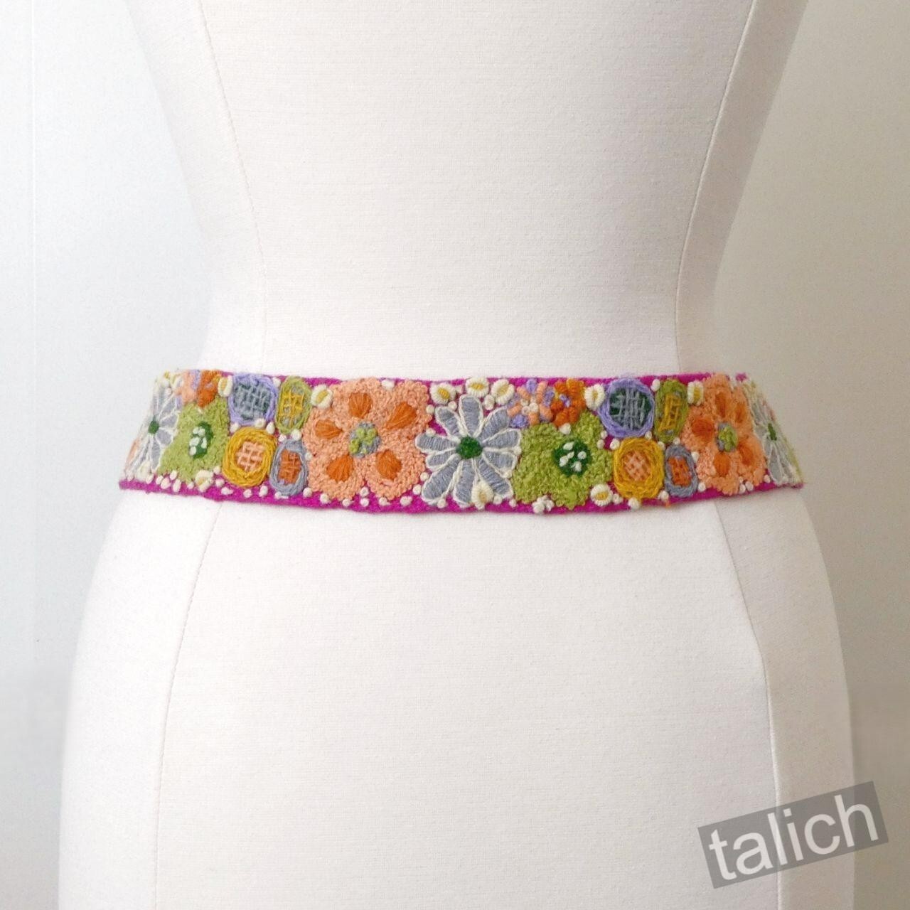 Jenny Krauss Wildflowers Multicolor Floral Embroidered Wool Belt Handmade S M L