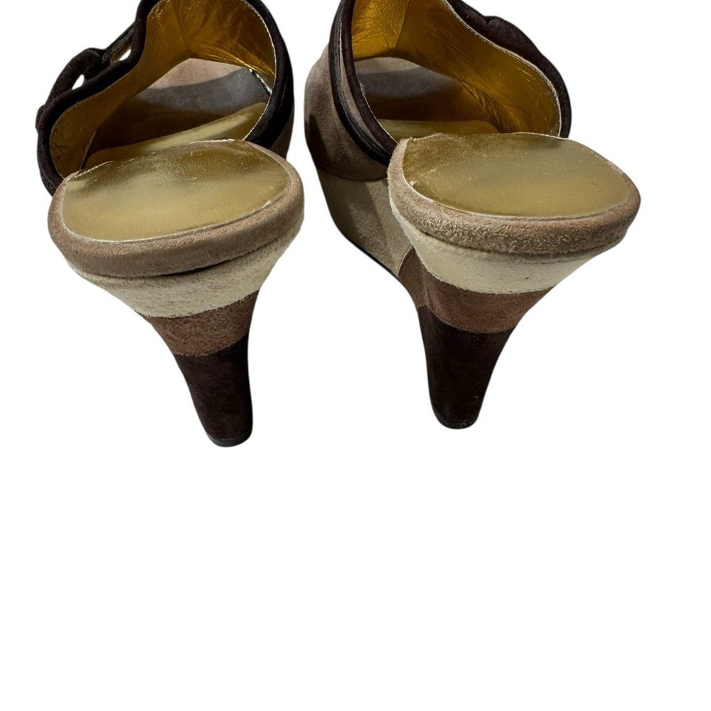 Jessica Bennett Elegant Tan Suede Mules with Dark Brown Trim Size: 10