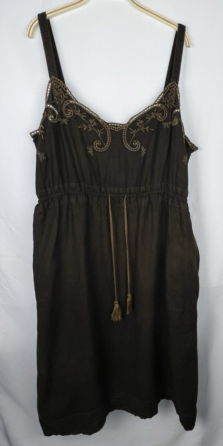 J.CREW Brown 100% Linen Embroidered Slip Dress Women 16 Boho Peasant Pockets