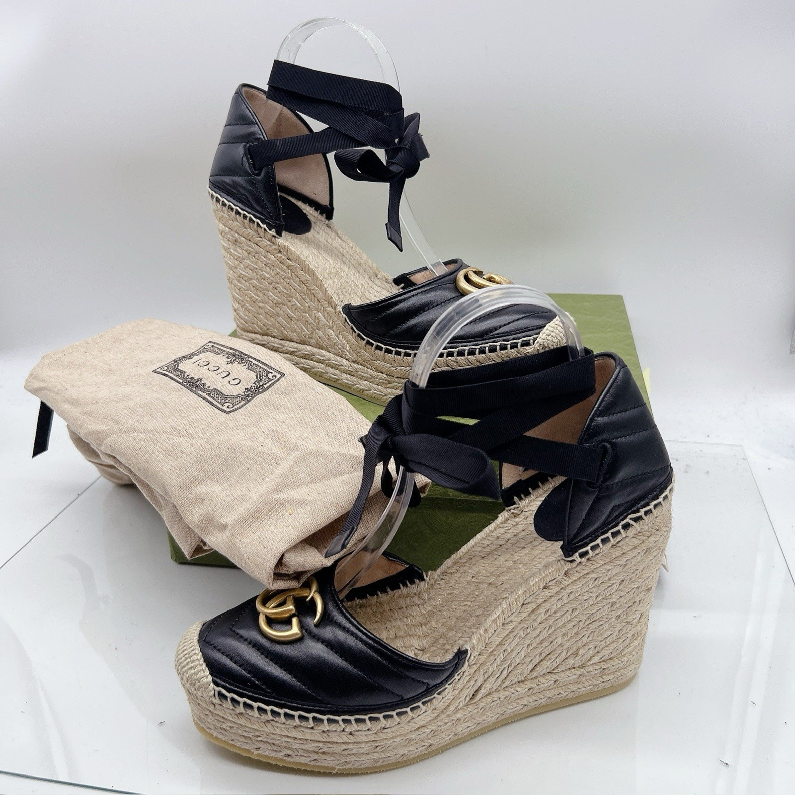 Gucci GG Marmont Platform MATELASSÉ Wedge Heels Espadrille Black Leather EU 40.5