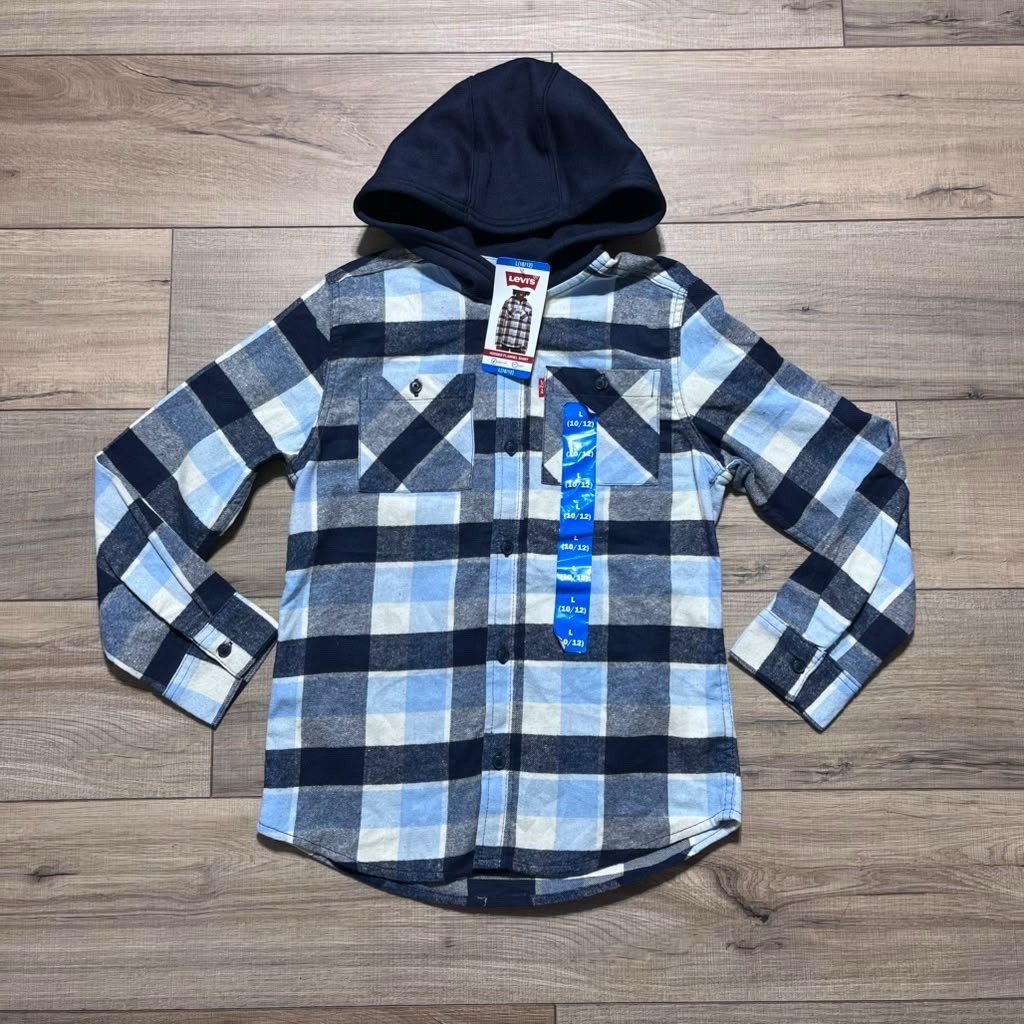 Levi’s Boys Hooded Flannel Plaid Button Up Shirt Size Large 10/12 Dress Blues